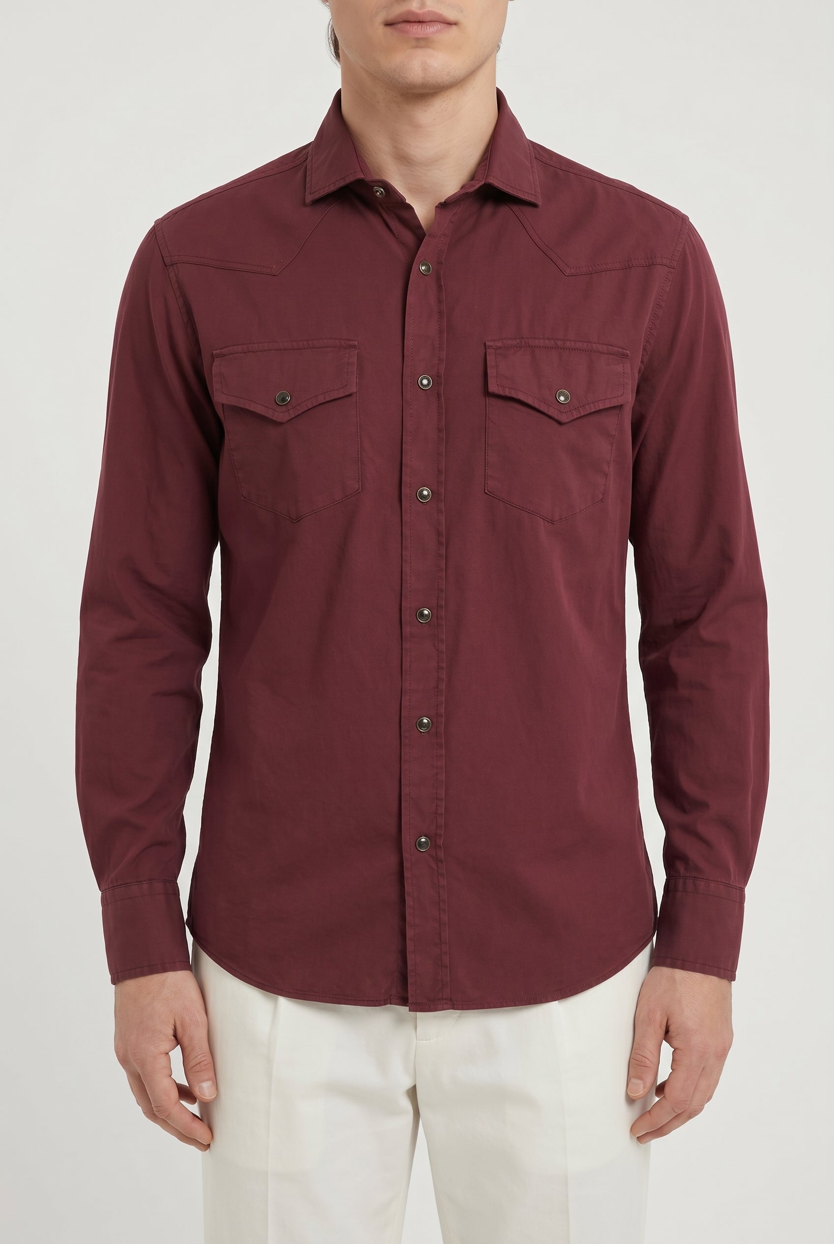BRUNELLO CUCINELLI MEN'S DARK RED CASUAL SHIRT