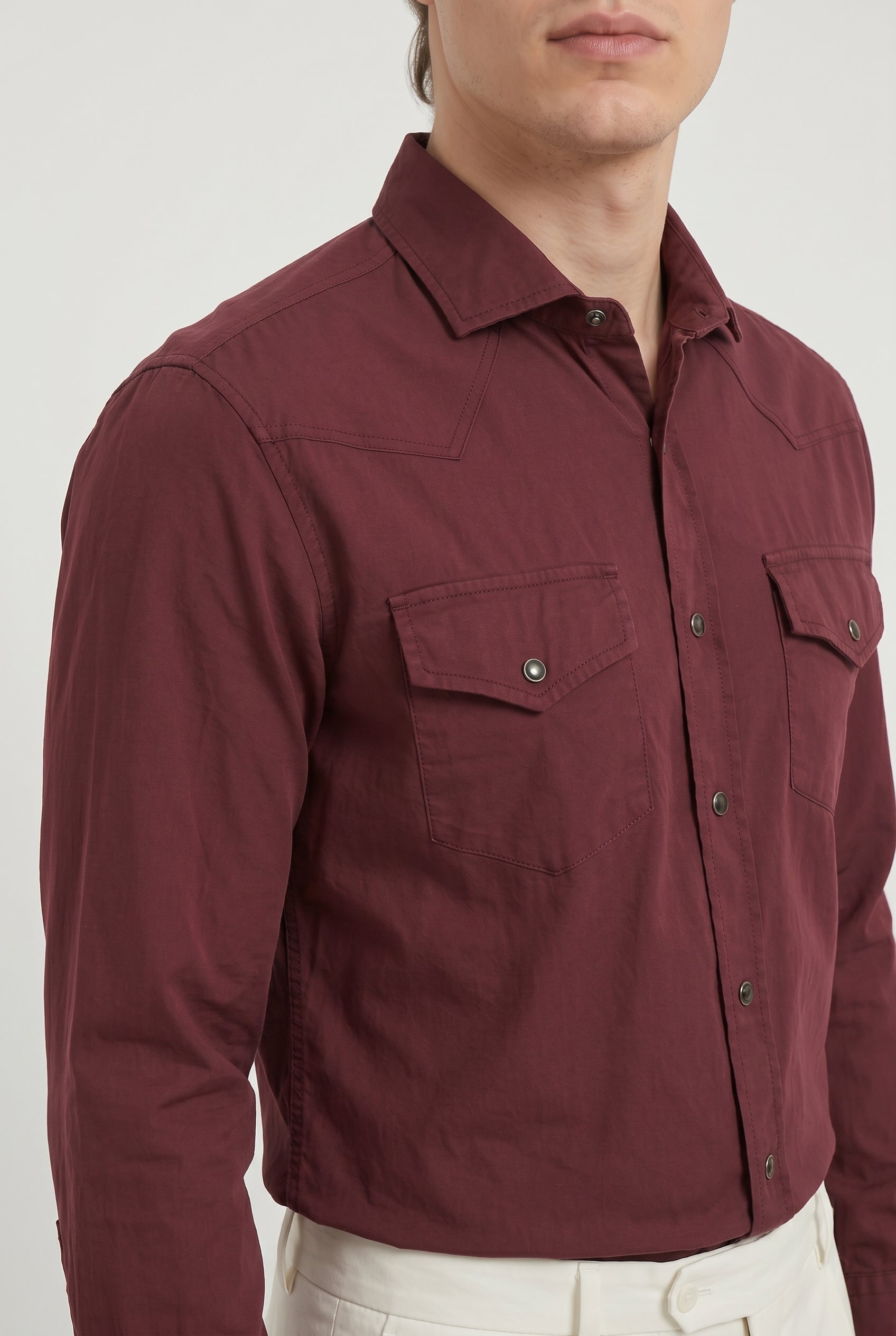 BRUNELLO CUCINELLI MEN'S DARK RED CASUAL SHIRT
