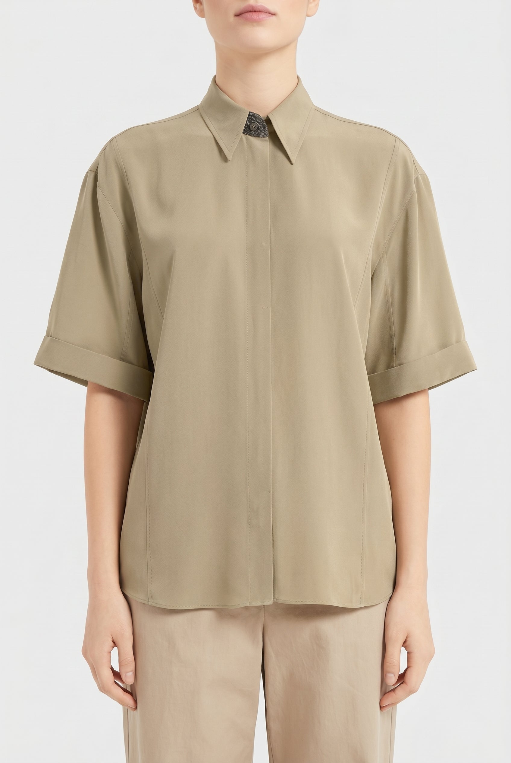 BRUNELLO CUCINELLI WOMEN'S LIGHT KHAKI SILK SHIRT