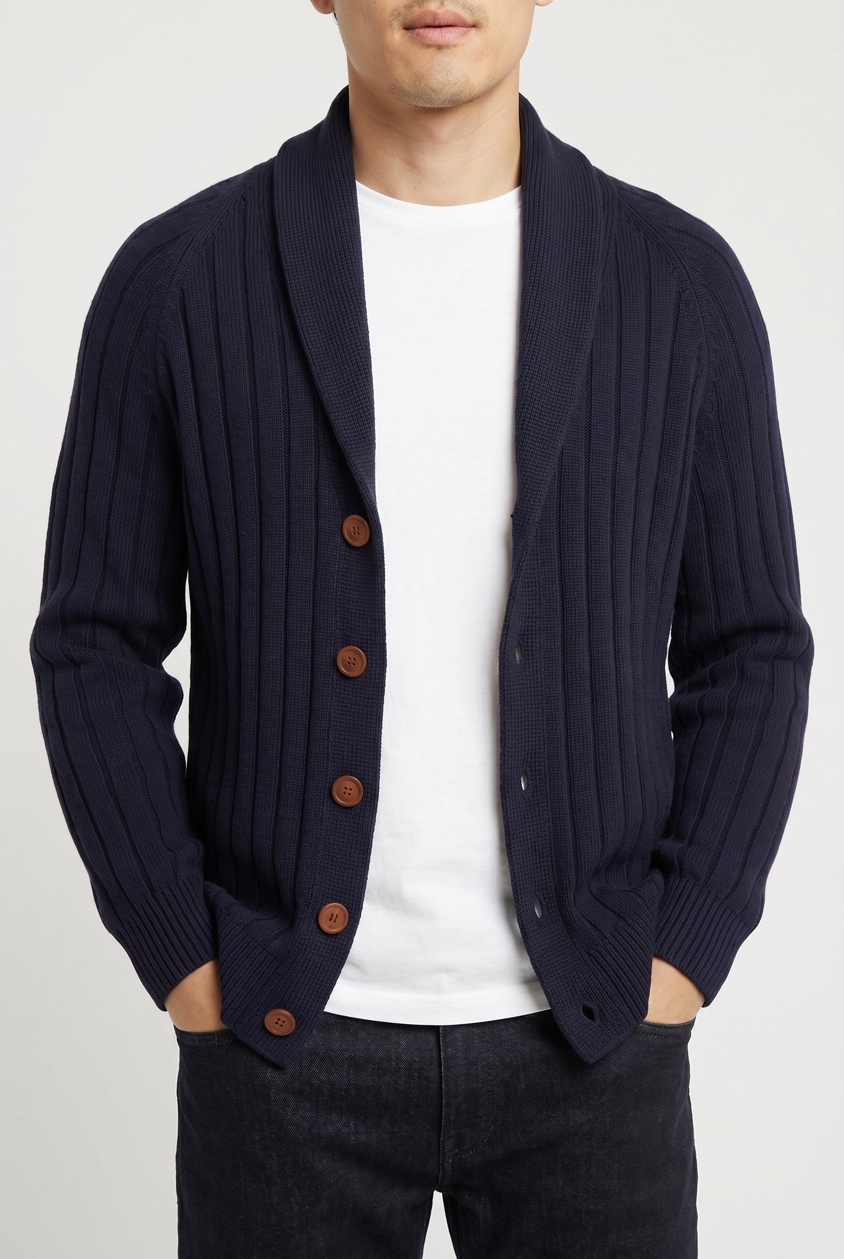 BRUNELLO CUCINELLI MEN'S DARK BLUE RIBBED CARDIGAN