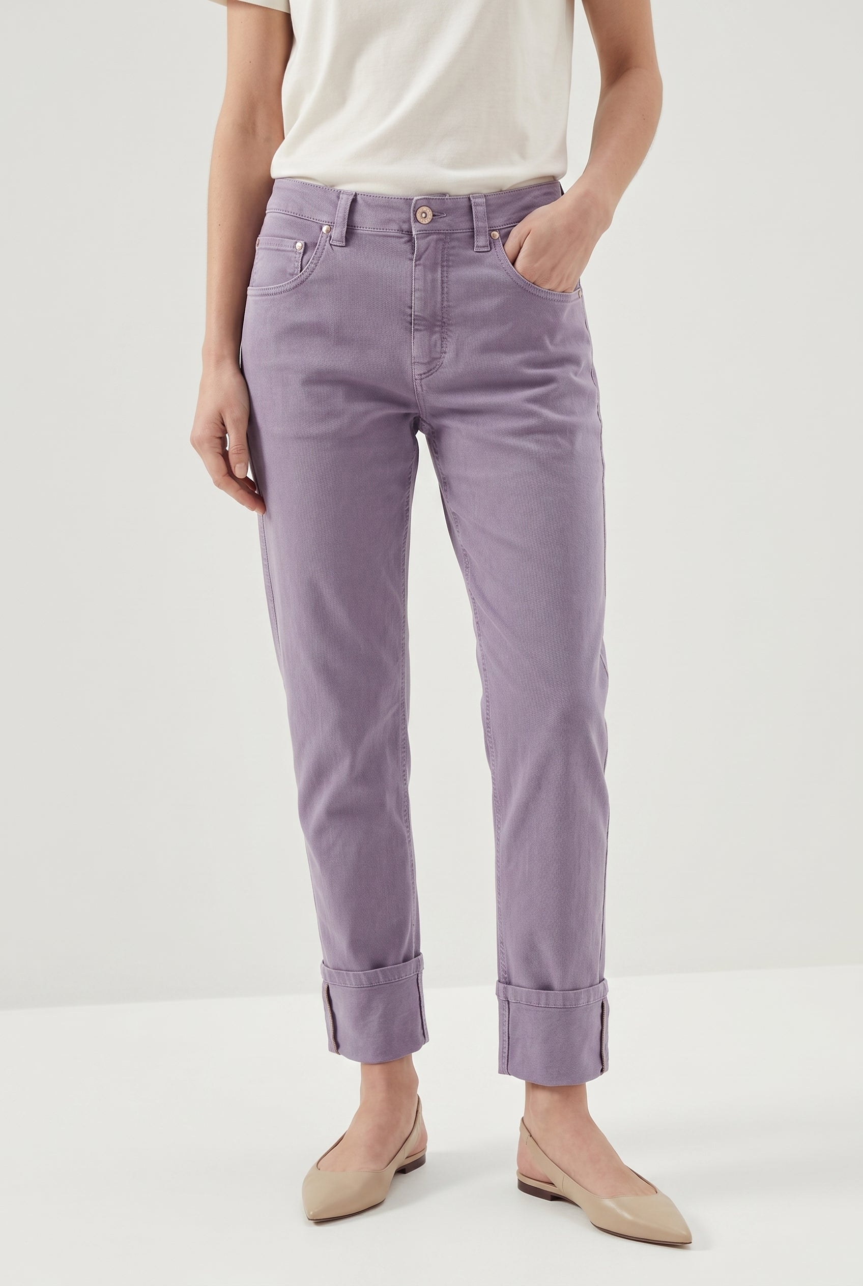 BRUNELLO CUCINELLI WOMEN'S LIGHT PURPLE COTTON TROUSERS