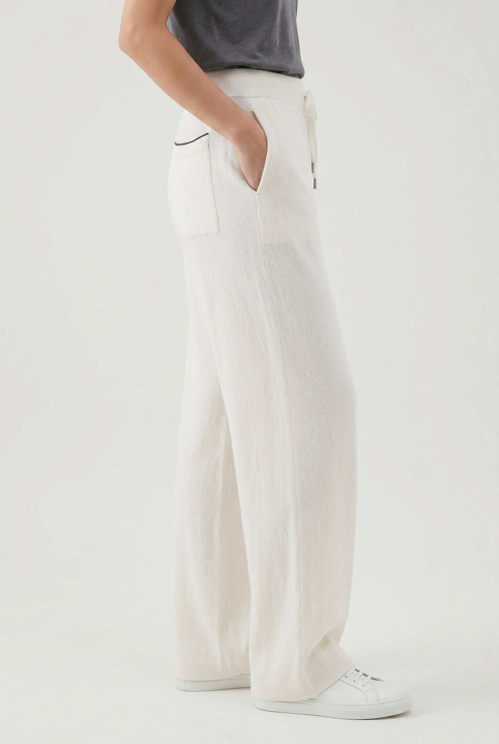 BRUNELLO CUCINELLI WOMEN'S OFF WHITE WOOL SILK WIDE TROUSERS