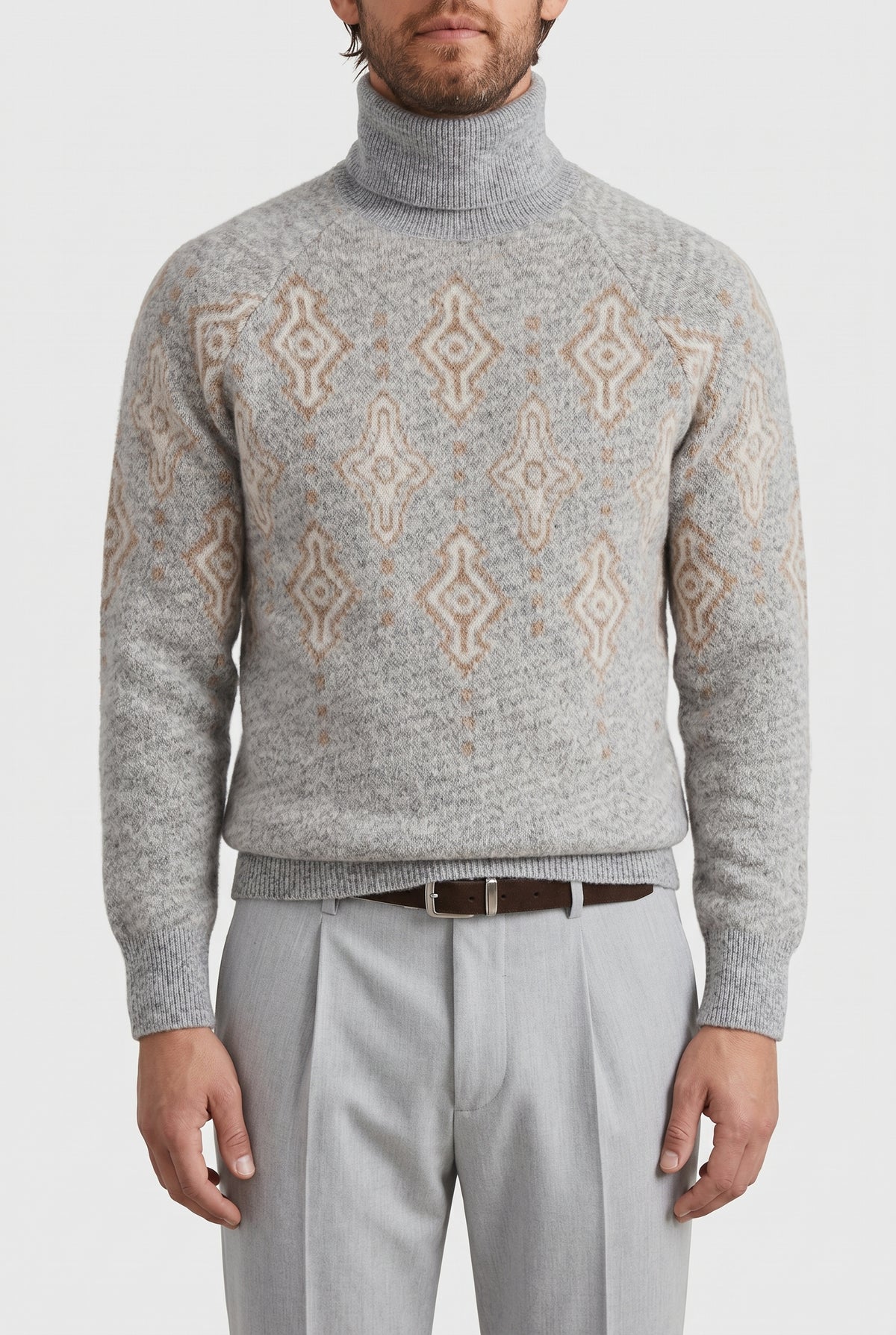 BRUNELLO CUCINELLI MEN'S LIGHT GREY WOOL TURTLENECK SWEATER