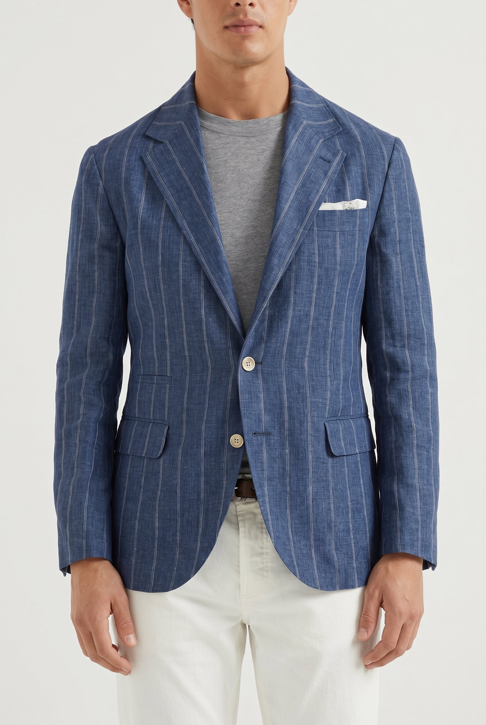 BRUNELLO CUCINELLI MEN'S BLUE LINEN STRIPED BLAZER