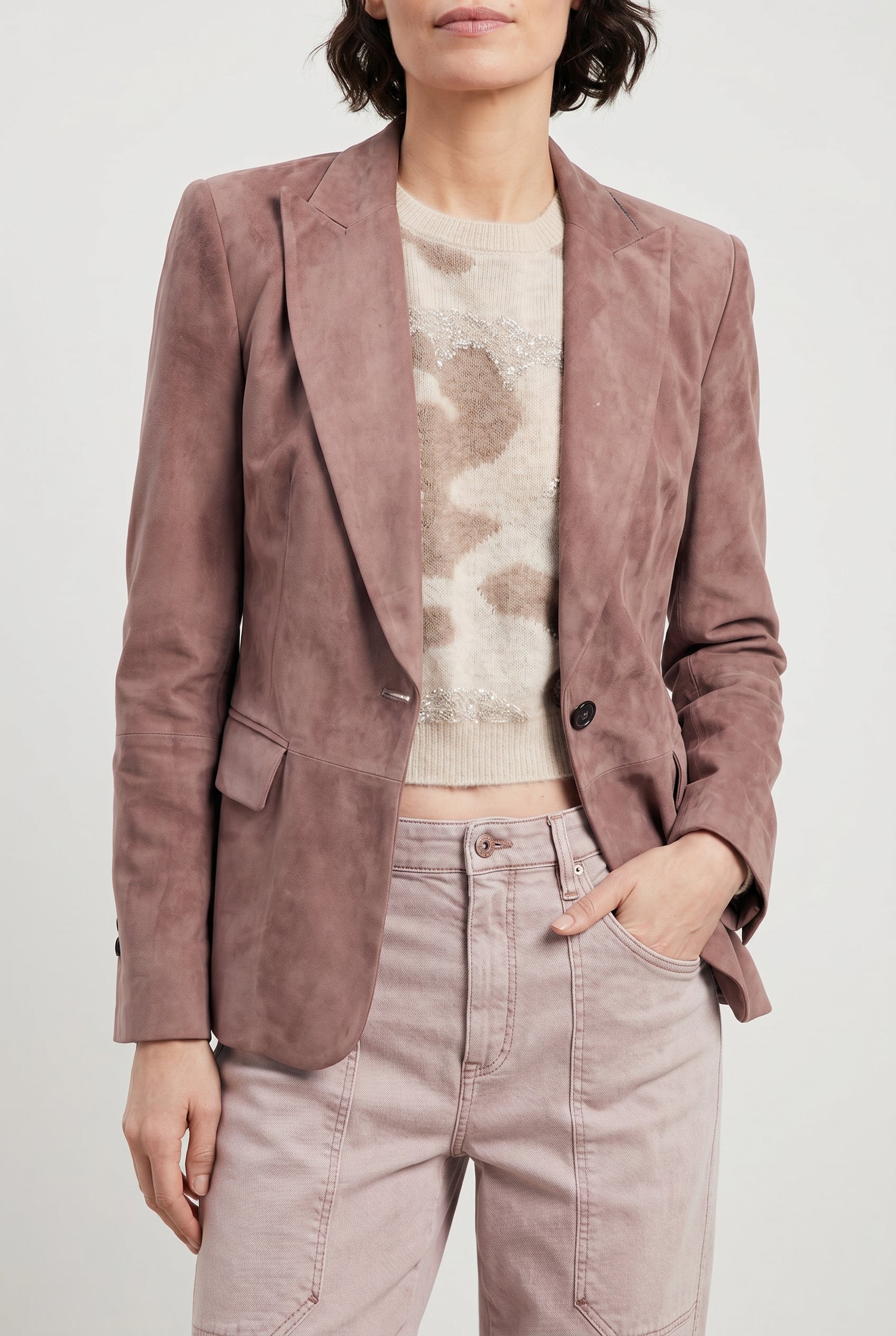 BRUNELLO CUCINELLI WOMEN'S DUSTY PINK SUEDE BLAZER
