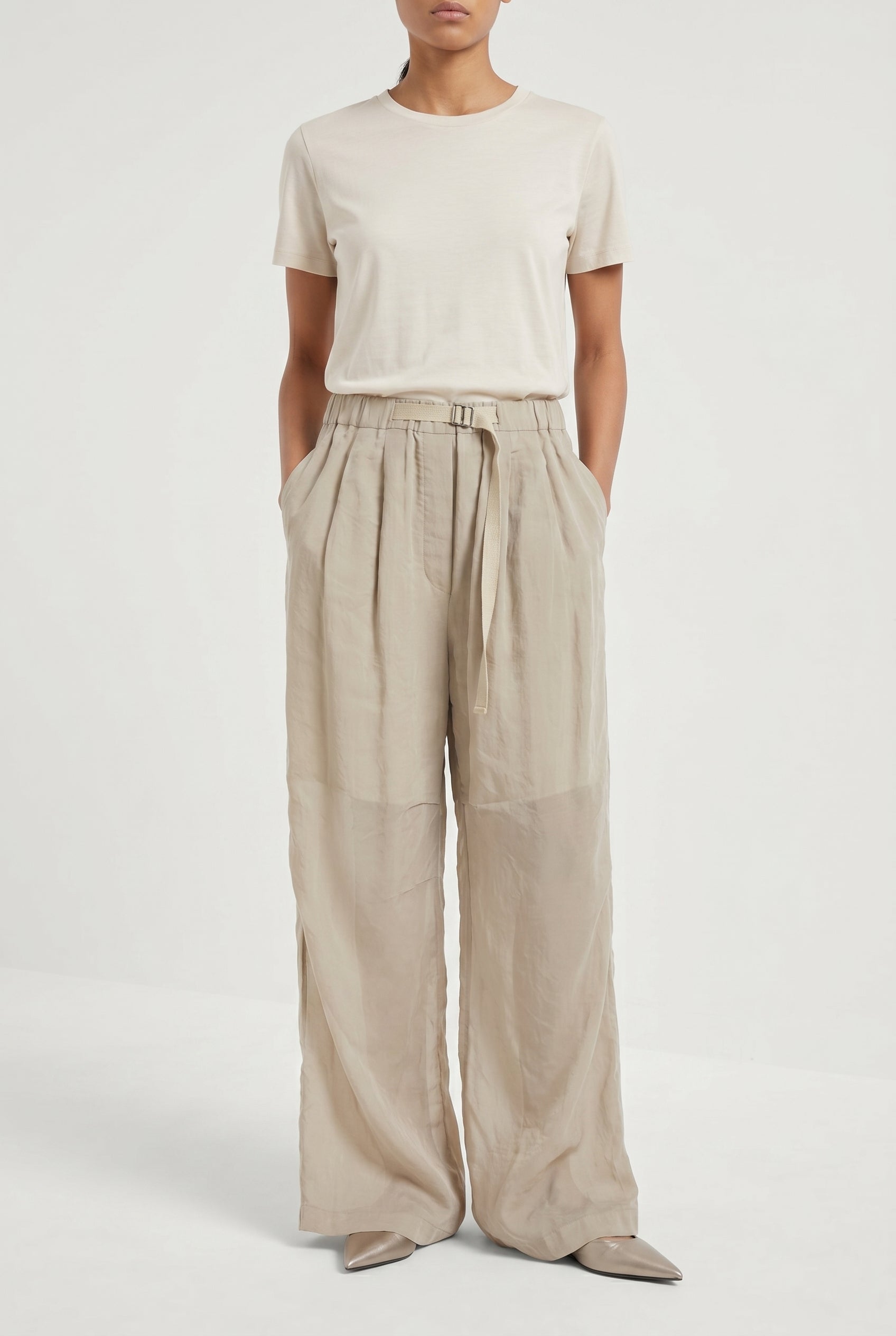 BRUNELLO CUCINELLI WOMEN'S LIGHT BEIGE WIDE LEG TROUSERS