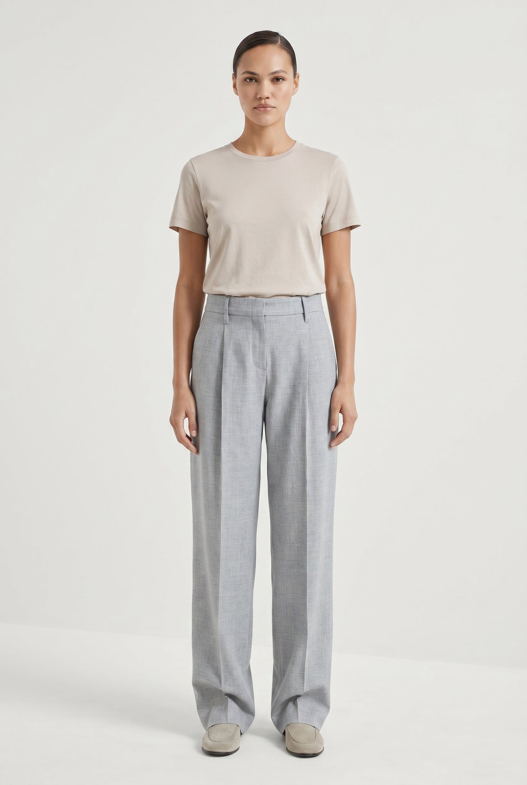 BRUNELLO CUCINELLI WOMEN'S LIGHT GREY LINEN WOOL TROUSERS