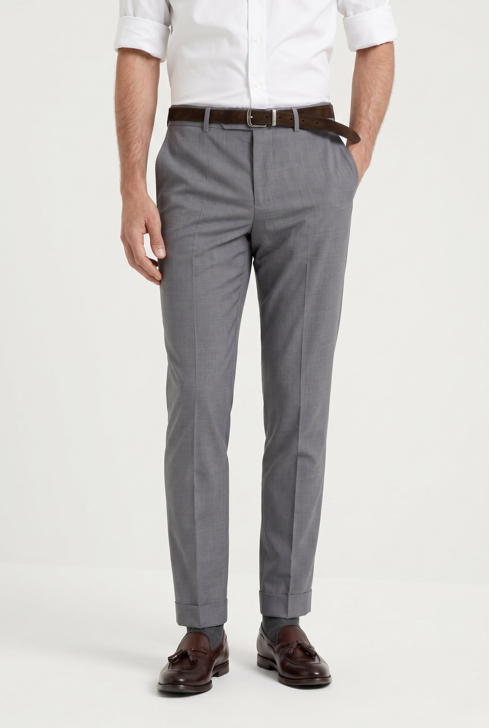 BRUNELLO CUCINELLI MEN'S LIGHT GREY WOOL TROUSERS