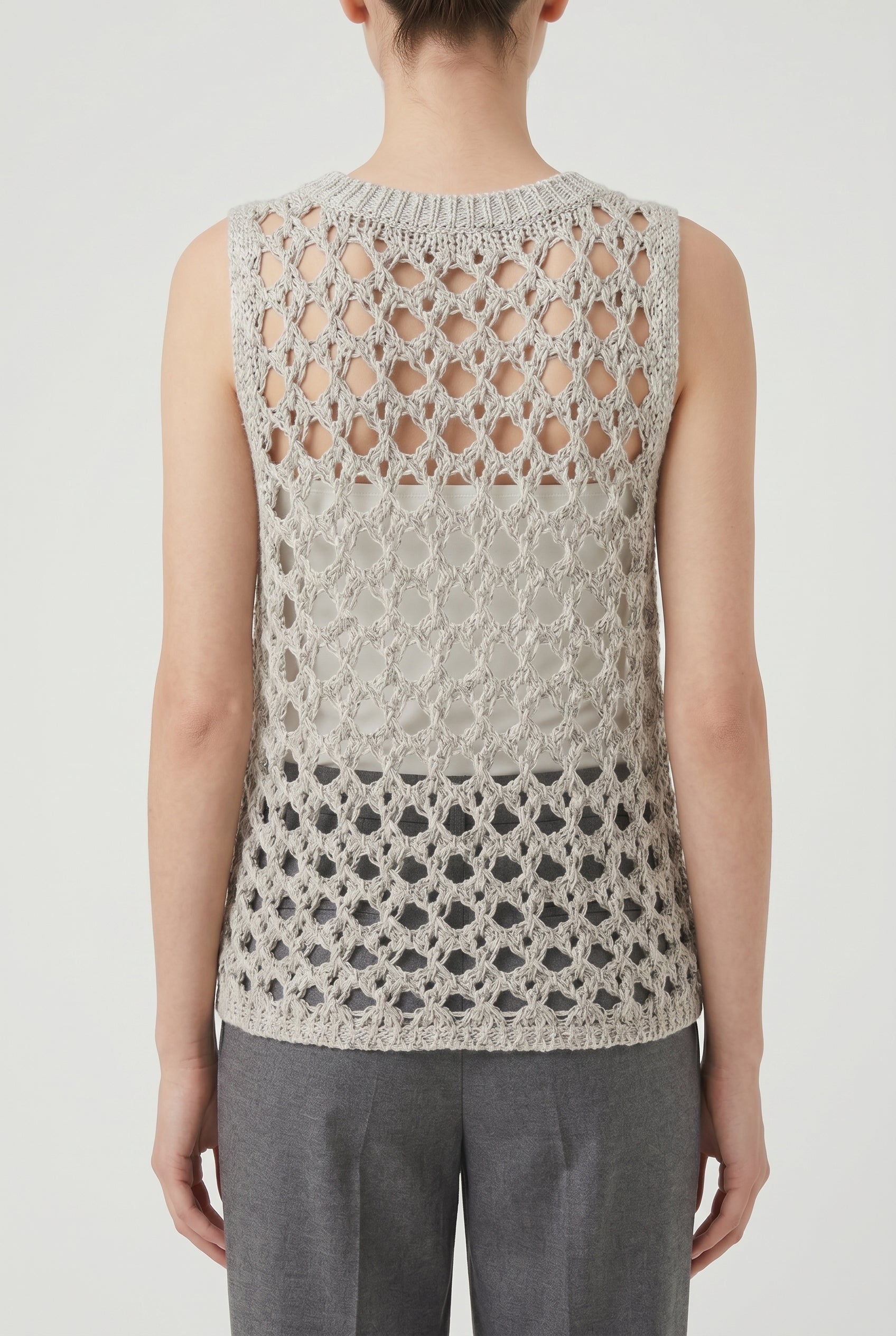 BRUNELLO CUCINELLI WOMEN'S LIGHT GREY OPENWORK KNIT SWEATER