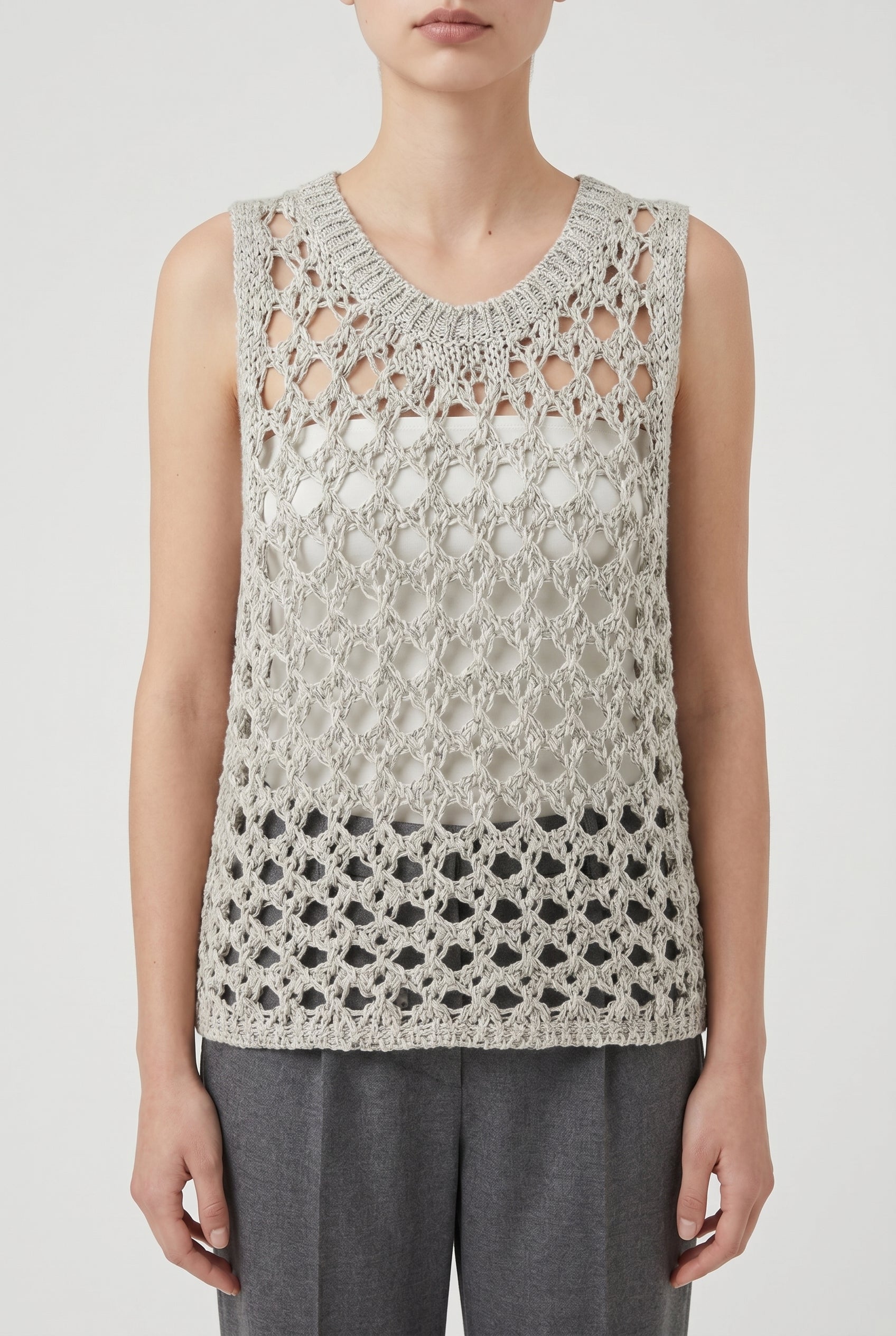 BRUNELLO CUCINELLI WOMEN'S LIGHT GREY OPENWORK KNIT SWEATER