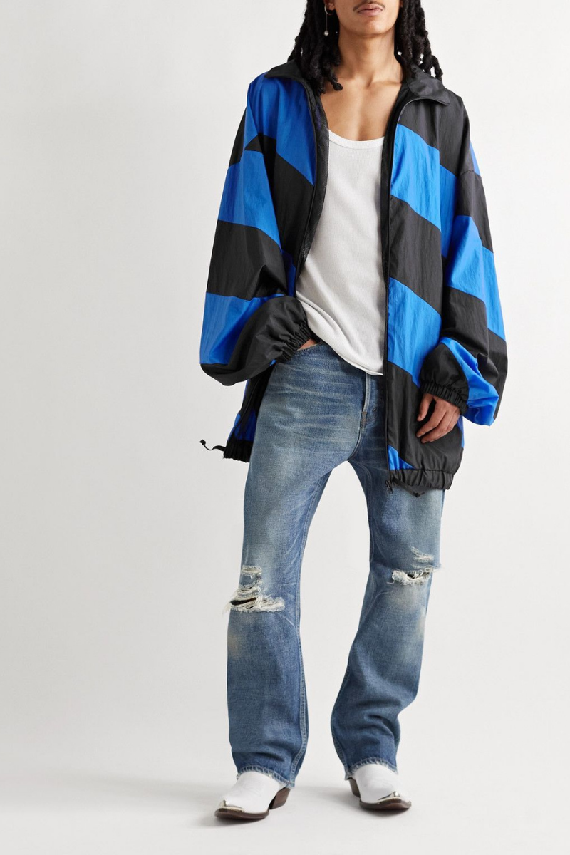Marni Oversized Striped Nylon Jacket in blue with black stripes, featuring a funnel neck and drawstring hem.