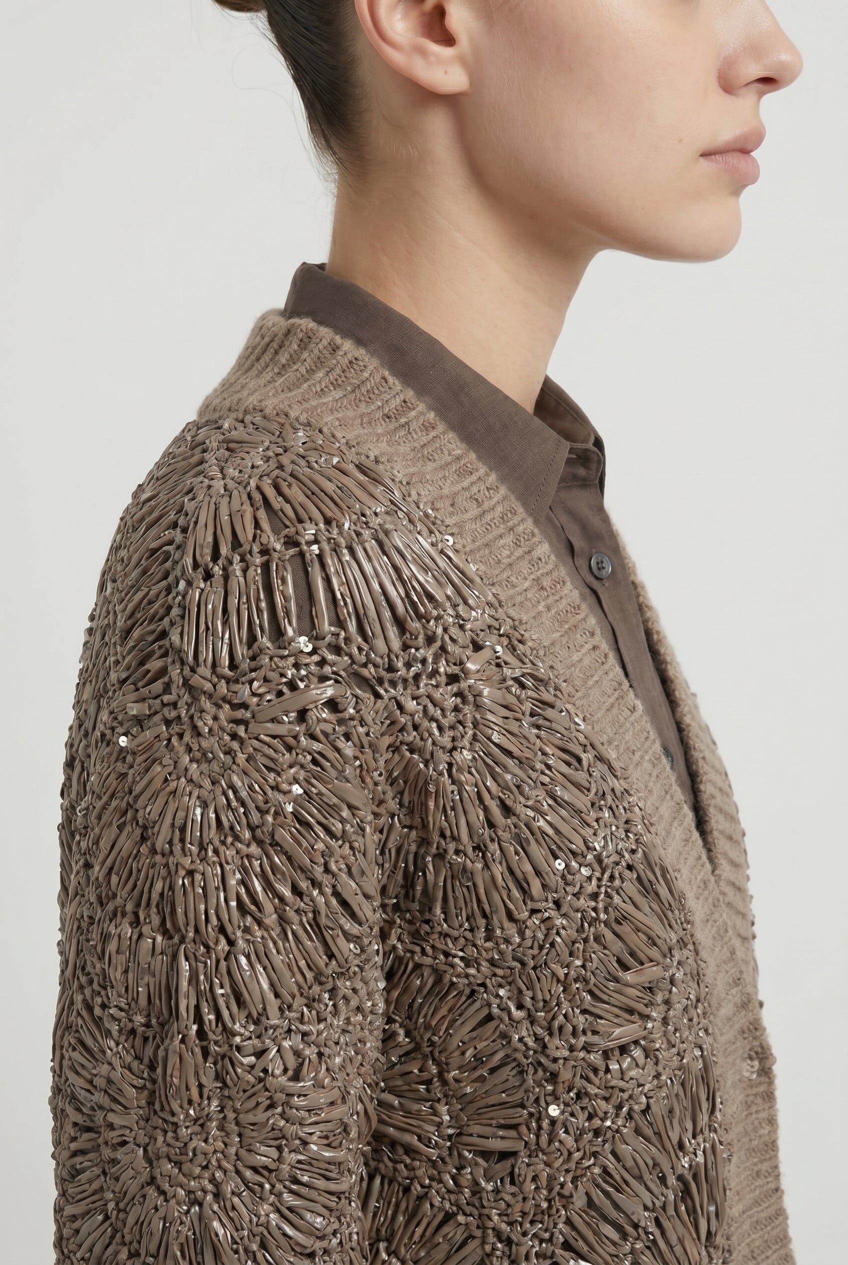BRUNELLO CUCINELLI WOMEN'S TAUPE OPEN KNIT SWEATER