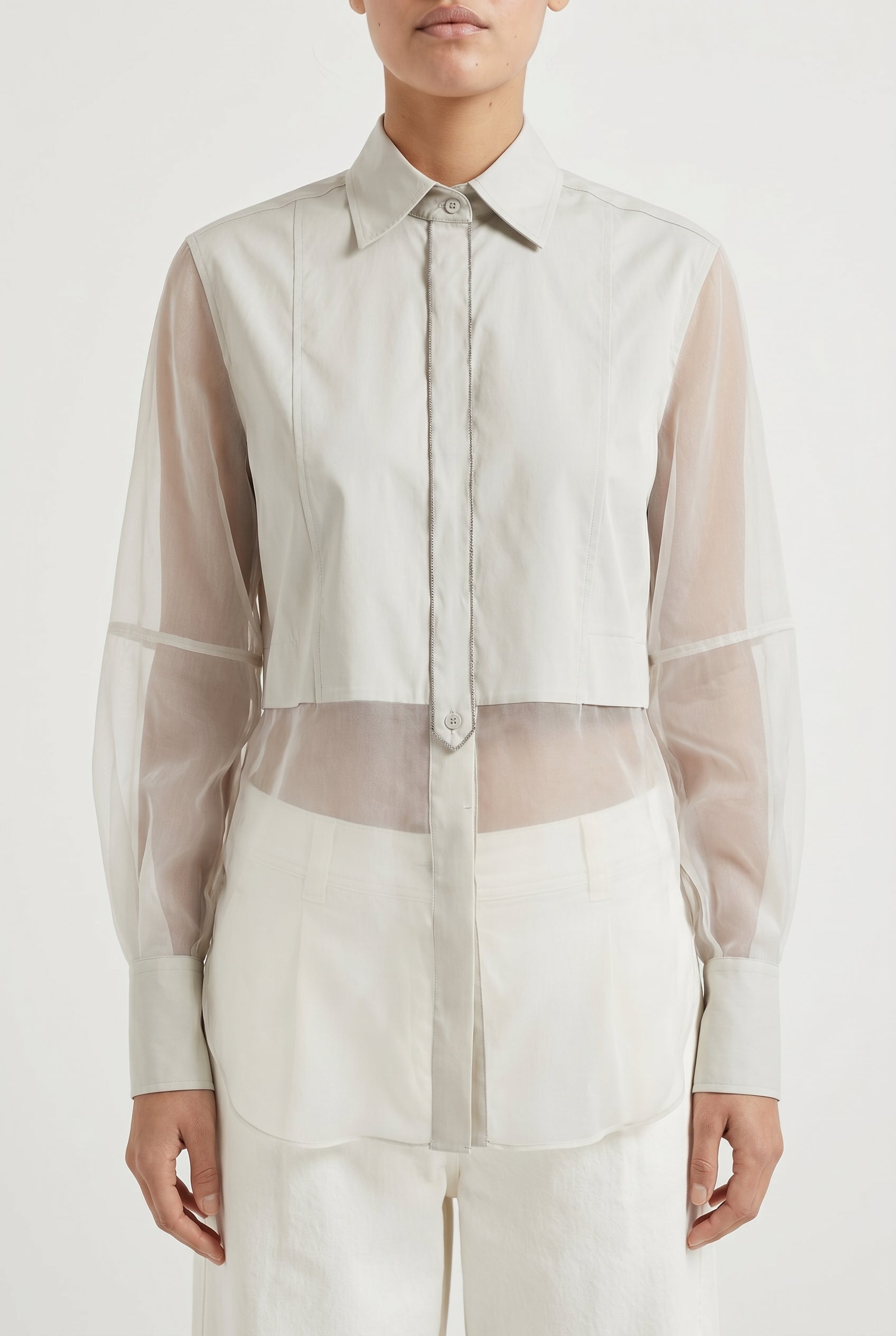 BRUNELLO CUCINELLI WOMEN'S LIGHT GREY SHEER LAYERED SHIRT