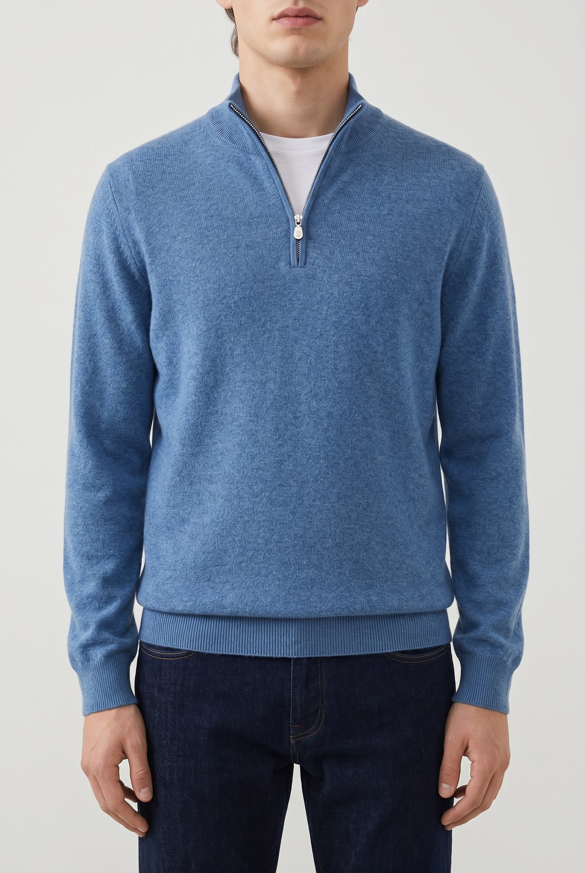 BRUNELLO CUCINELLI MEN'S BLUE CASHMERE QUARTER ZIP SWEATER