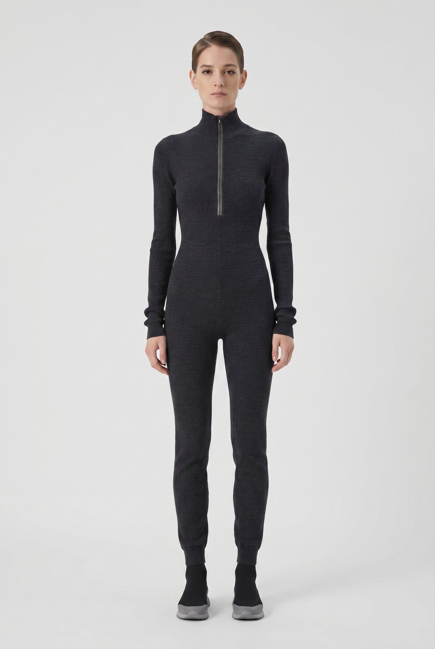 BRUNELLO CUCINELLI WOMEN'S DARK GREY WOOL KNIT JUMPSUIT