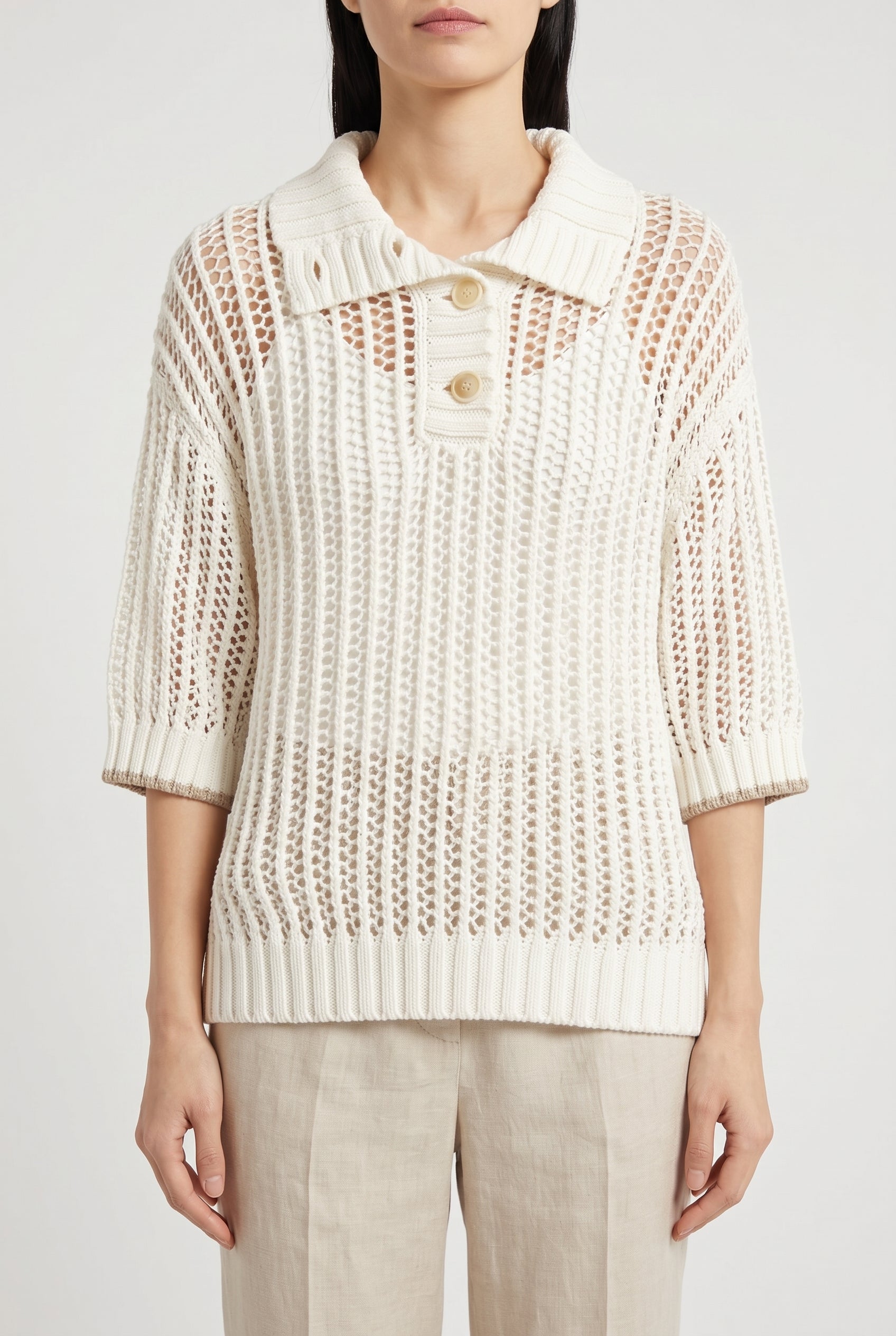 BRUNELLO CUCINELLI WOMEN'S OFF WHITE OPEN KNIT SWEATER