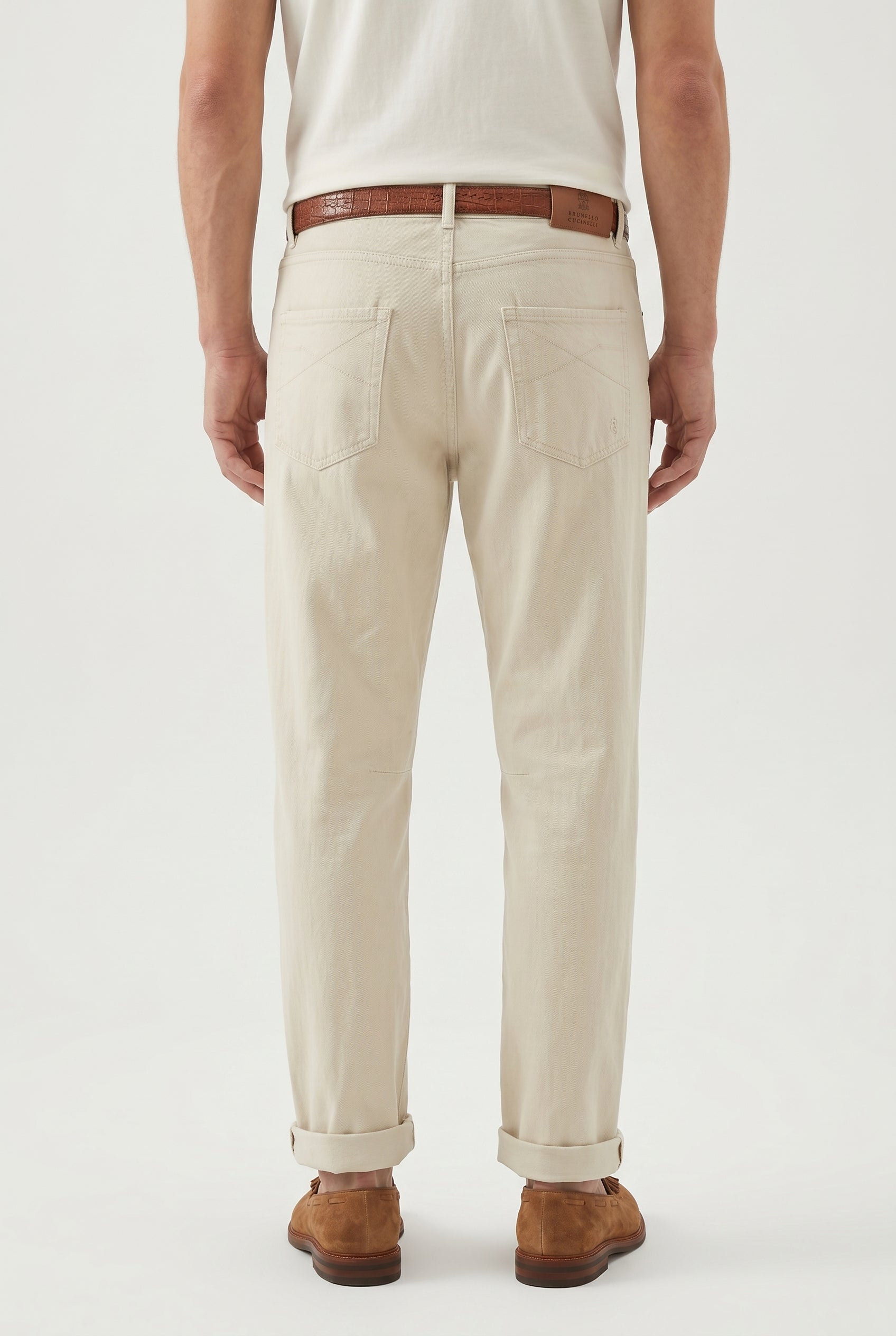 BRUNELLO CUCINELLI MEN'S BEIGE RELAXED COTTON TROUSERS