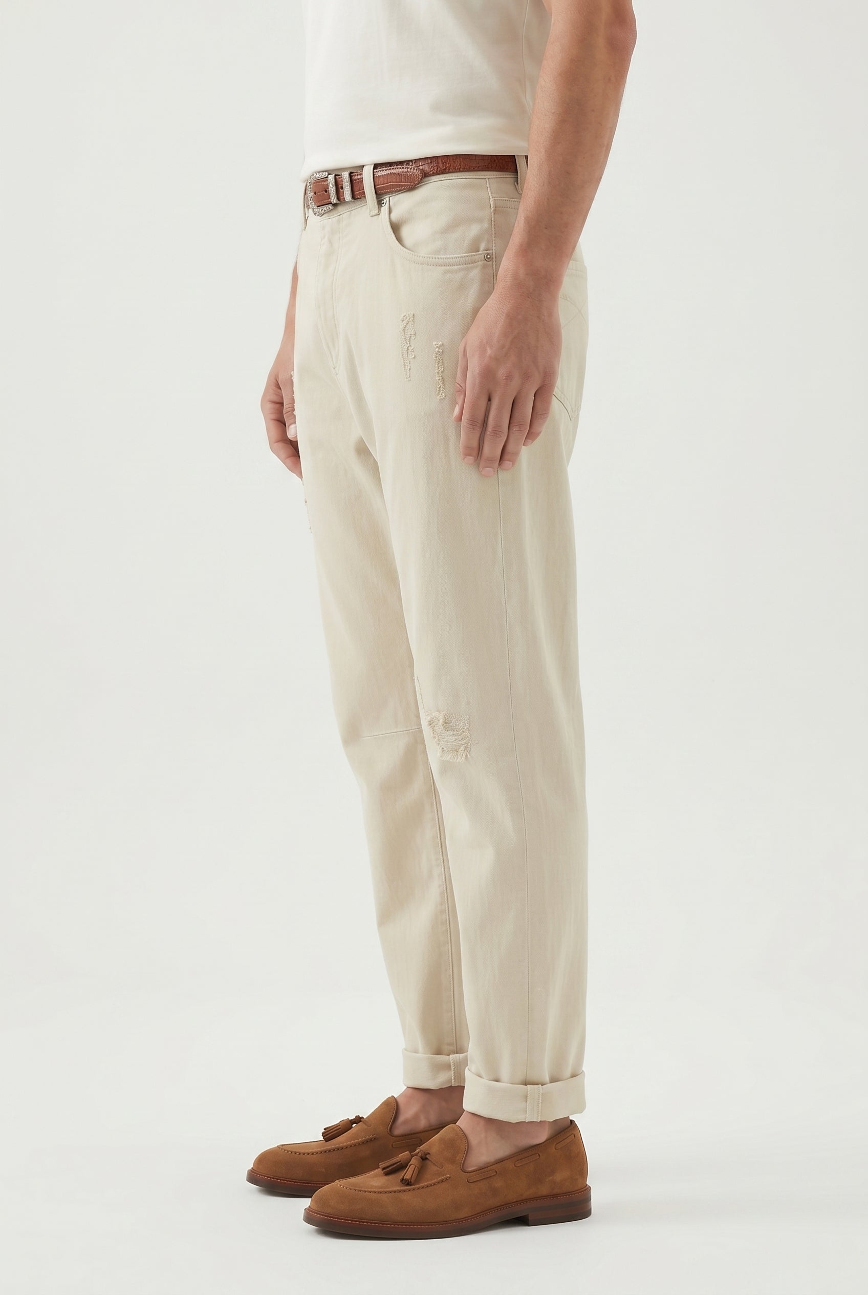 BRUNELLO CUCINELLI MEN'S BEIGE RELAXED COTTON TROUSERS