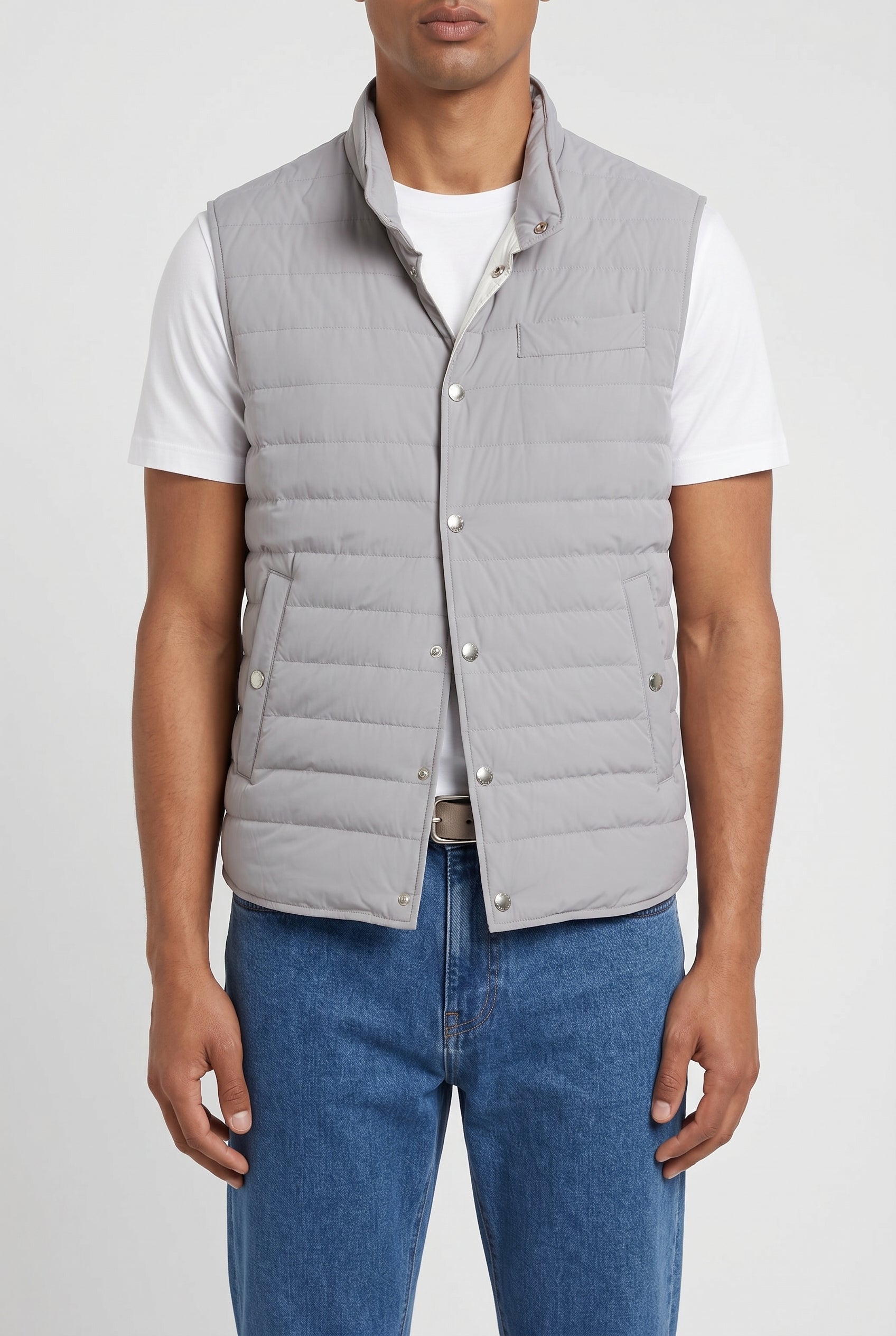 BRUNELLO CUCINELLI MEN'S LIGHT GREY QUILTED VEST