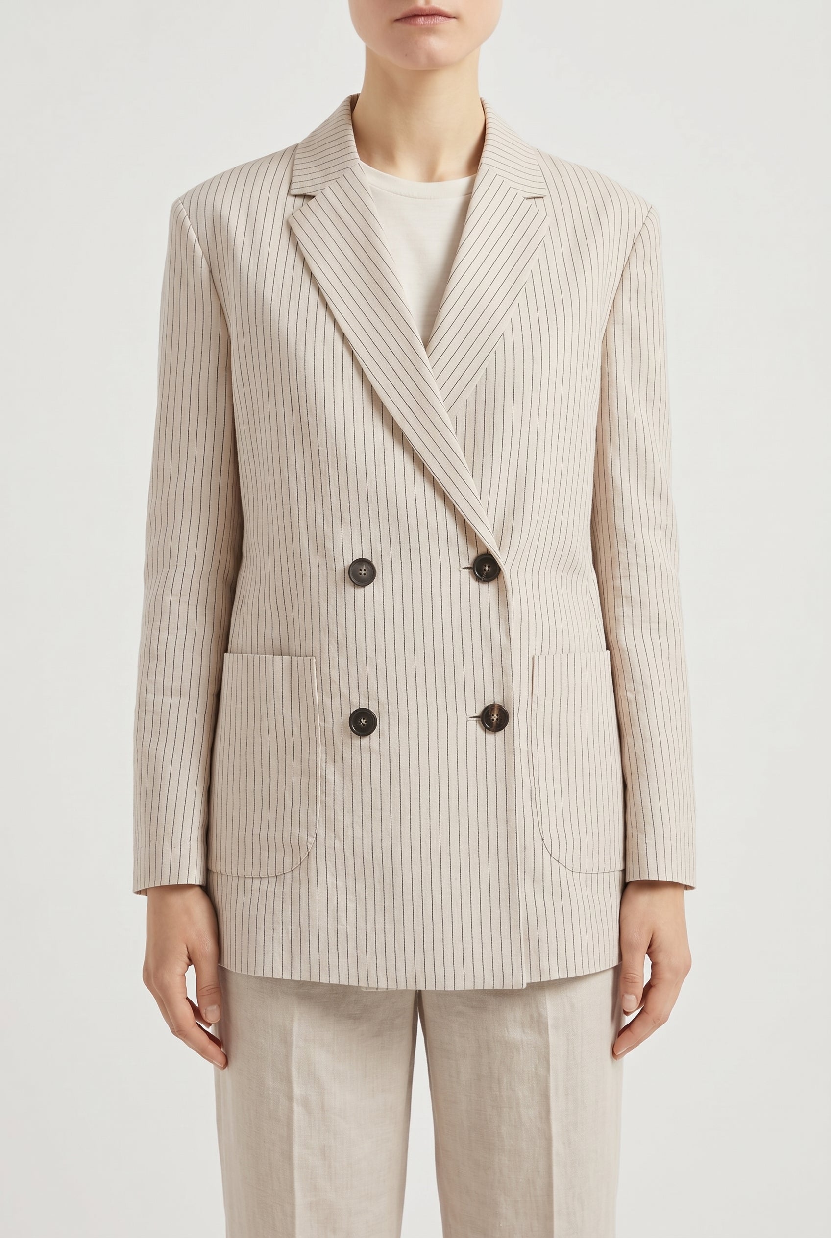 BRUNELLO CUCINELLI WOMEN'S BEIGE PINSTRIPE DOUBLE BREASTED BLAZER