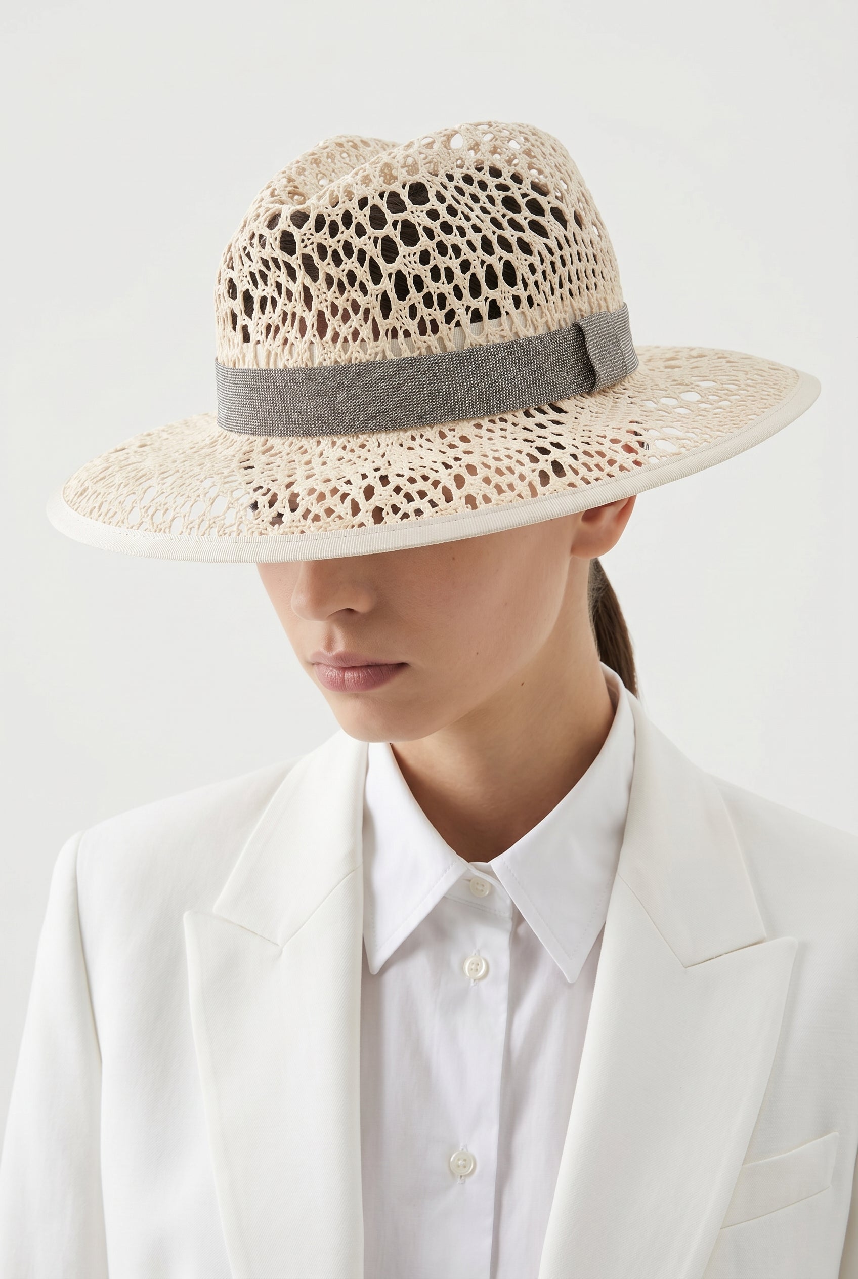 BRUNELLO CUCINELLI WOMEN'S BEIGE OPENWORK WOVEN HAT