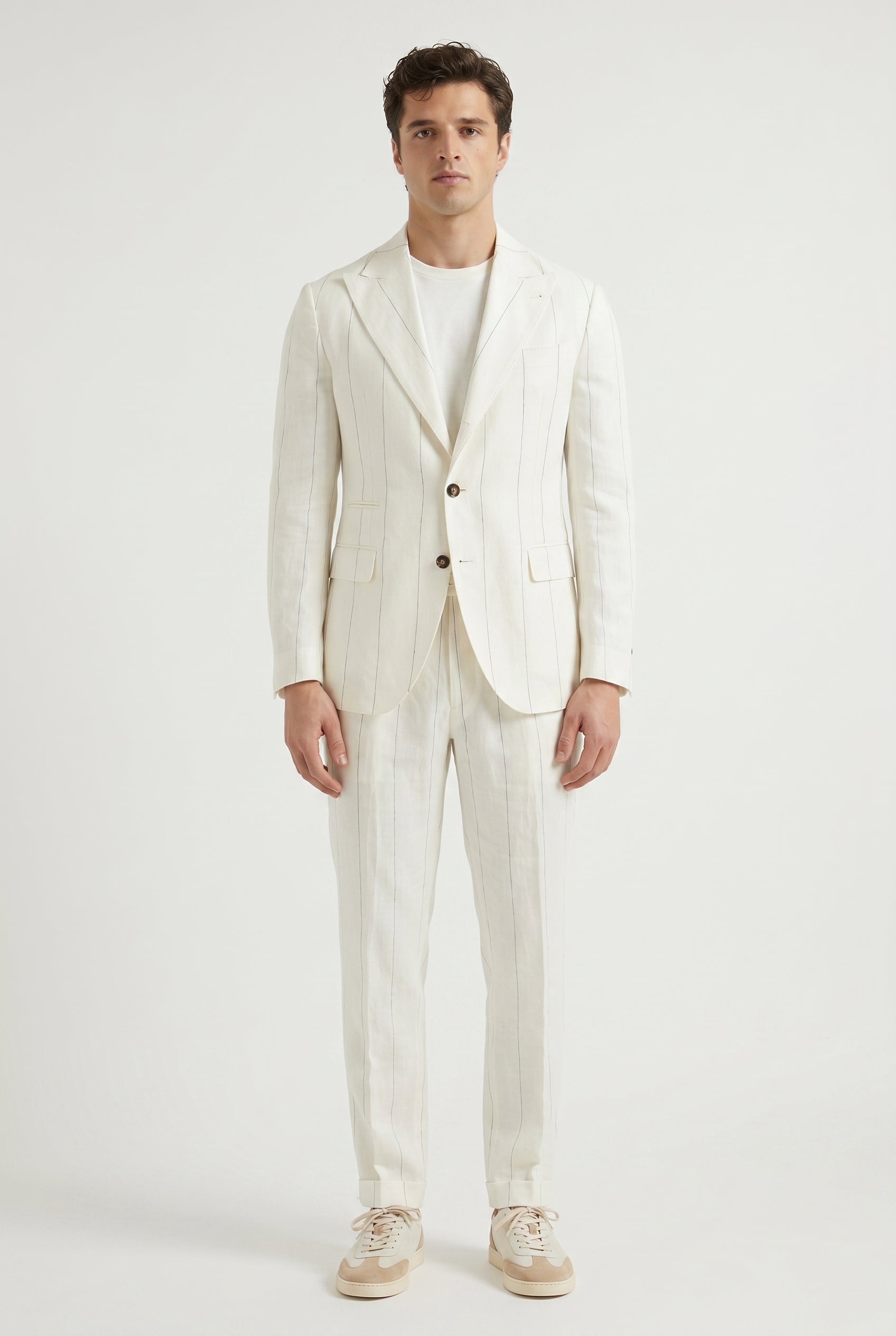 BRUNELLO CUCINELLI MEN'S OFF WHITE LINEN TAILORED SUIT