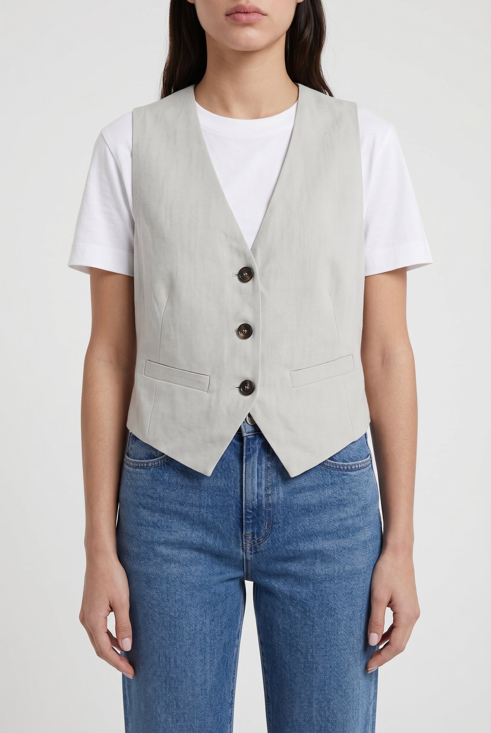 BRUNELLO CUCINELLI WOMEN'S LIGHT GREY LINEN BLEND VEST