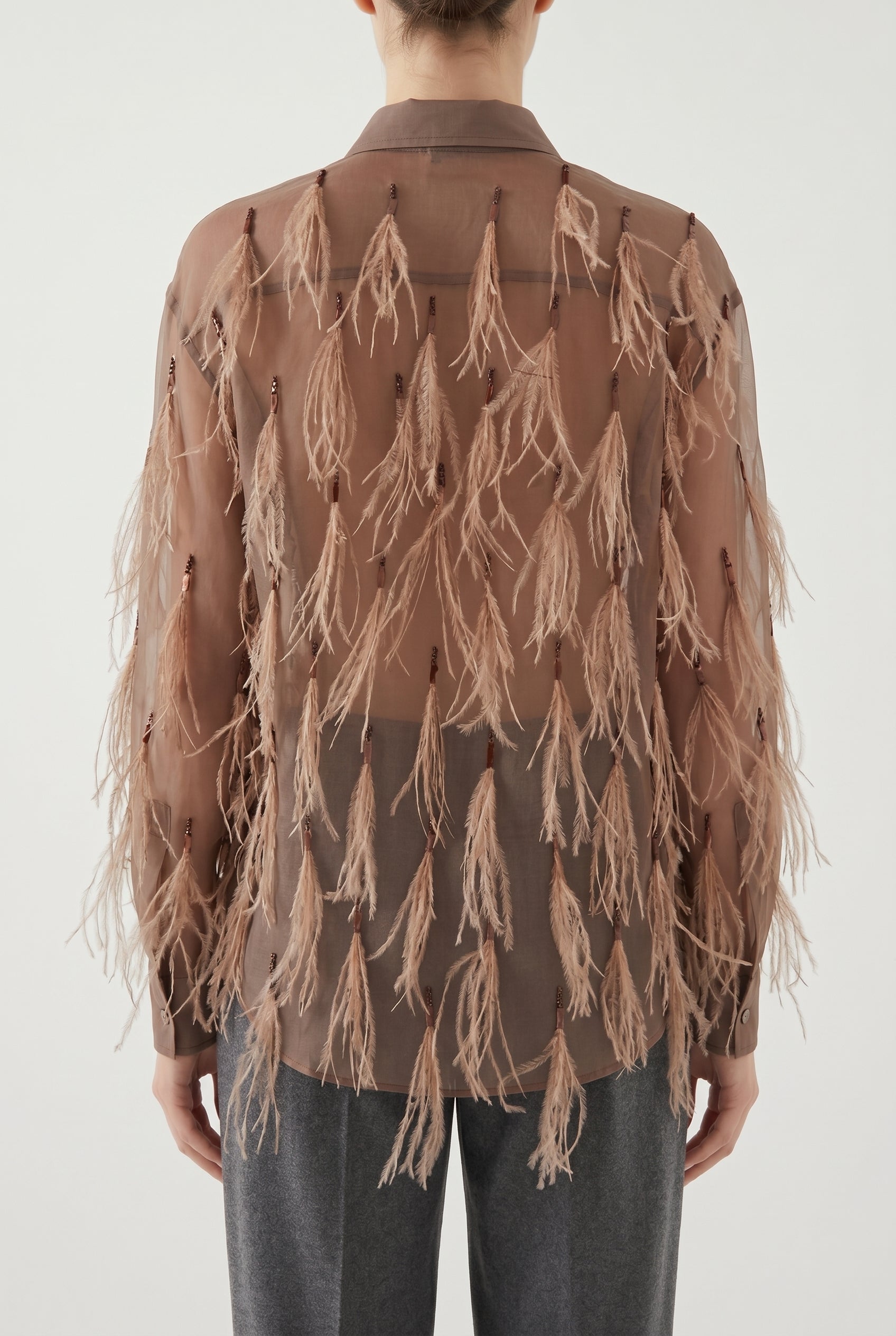BRUNELLO CUCINELLI WOMEN'S BROWN SILK FEATHERED SHIRT