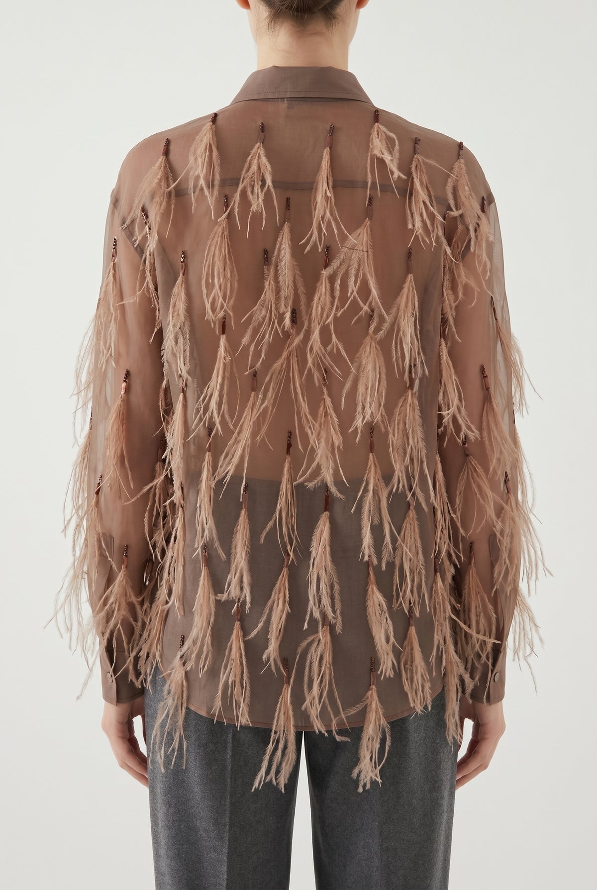 BRUNELLO CUCINELLI WOMEN'S BROWN SILK FEATHERED SHIRT