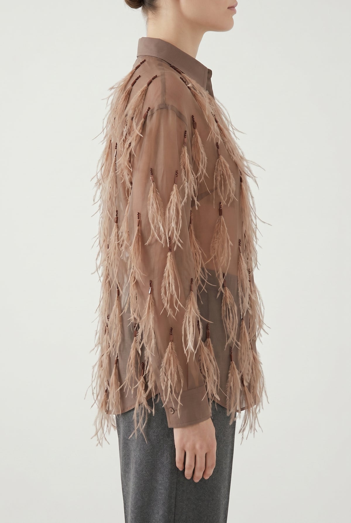 BRUNELLO CUCINELLI WOMEN'S BROWN SILK FEATHERED SHIRT