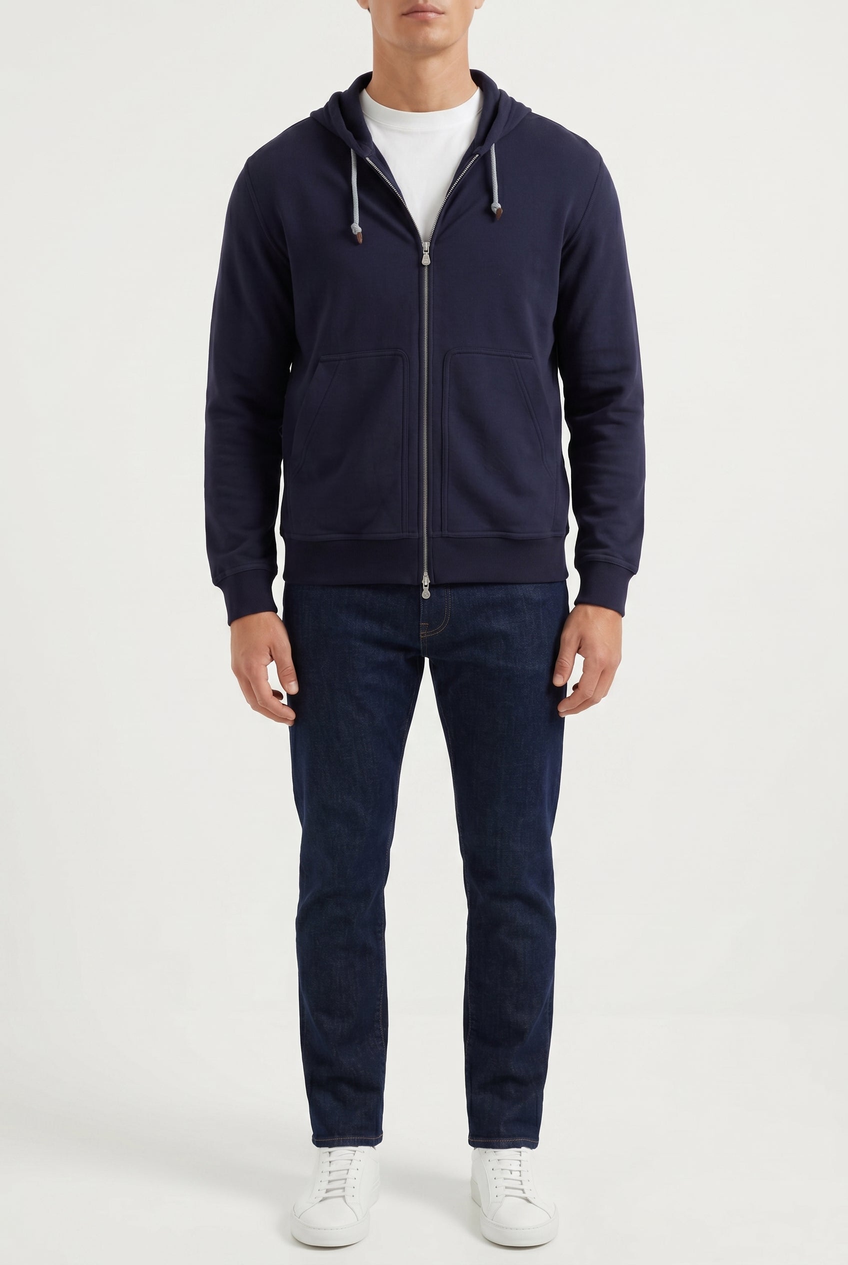 BRUNELLO CUCINELLI MEN'S DARK BLUE COTTON ZIP HOODIE