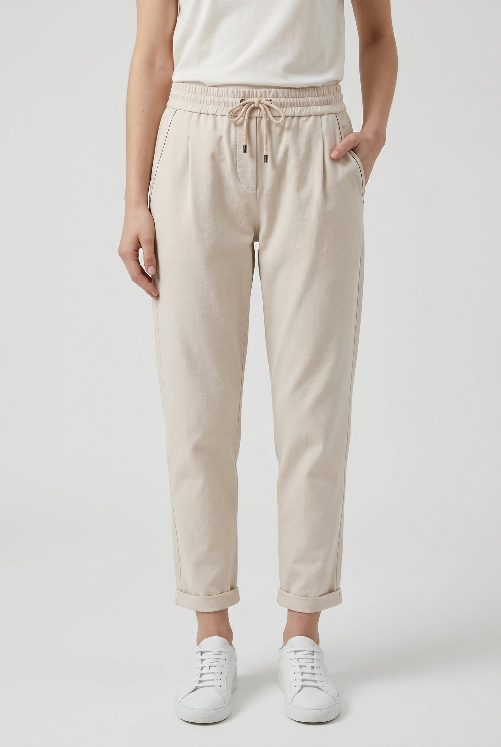 BRUNELLO CUCINELLI WOMEN'S LIGHT BEIGE RELAXED COTTON TROUSERS