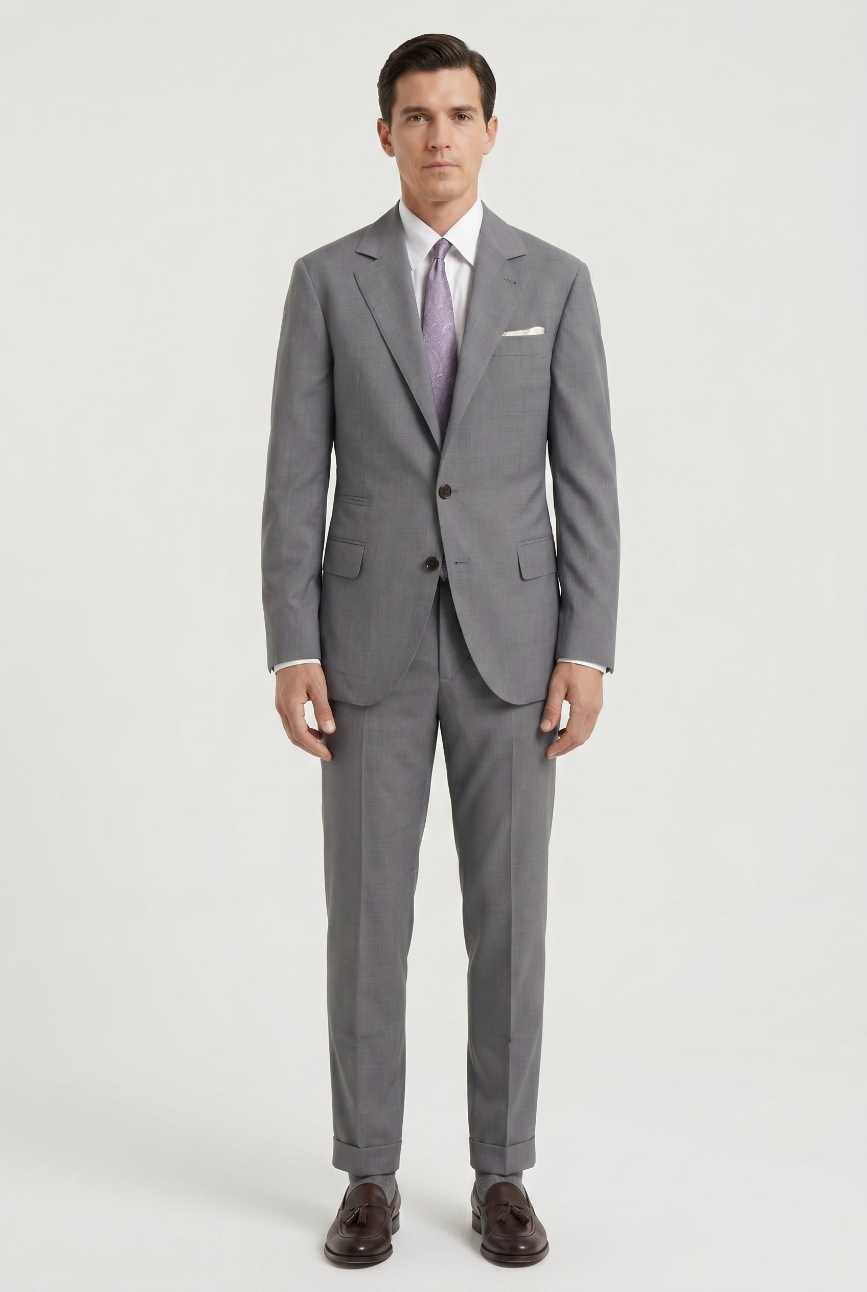 BRUNELLO CUCINELLI MEN'S LIGHT GREY WOOL SILK SUIT