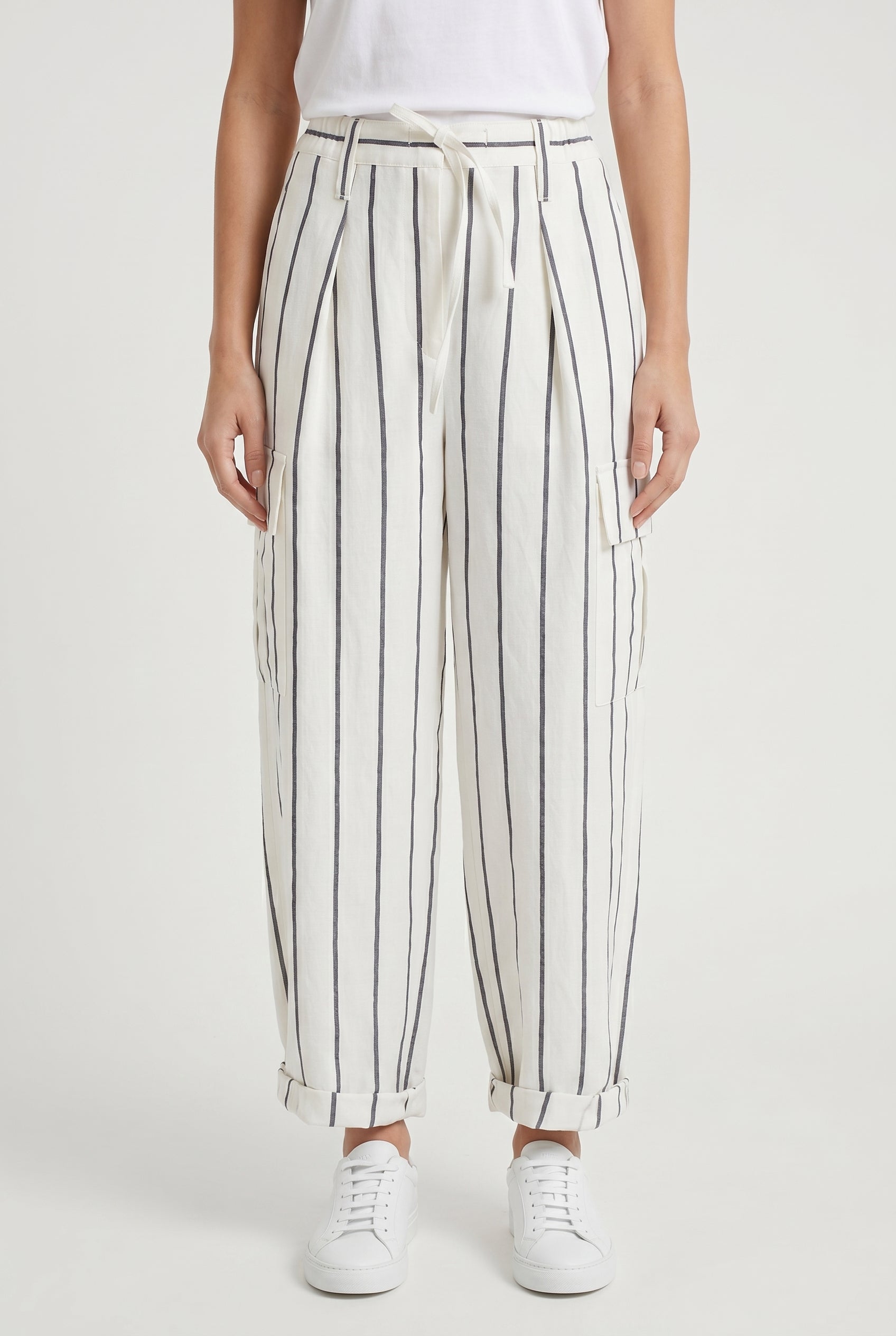 BRUNELLO CUCINELLI WOMEN'S WHITE STRIPED LINEN TROUSERS