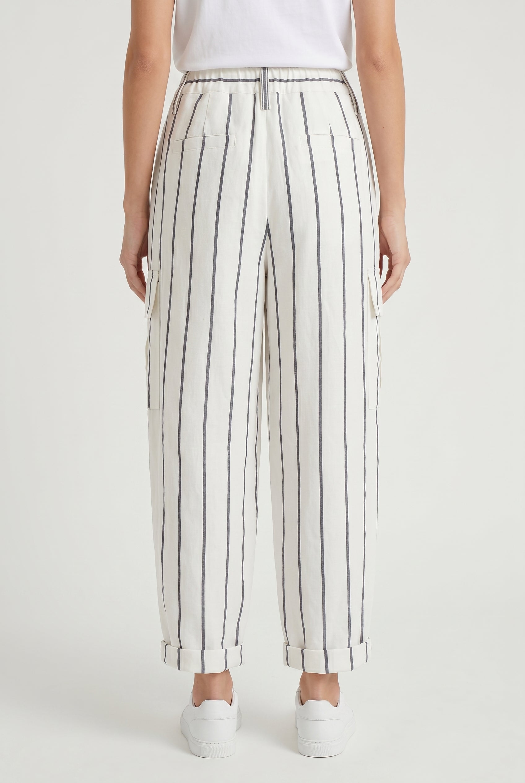 BRUNELLO CUCINELLI WOMEN'S WHITE STRIPED LINEN TROUSERS