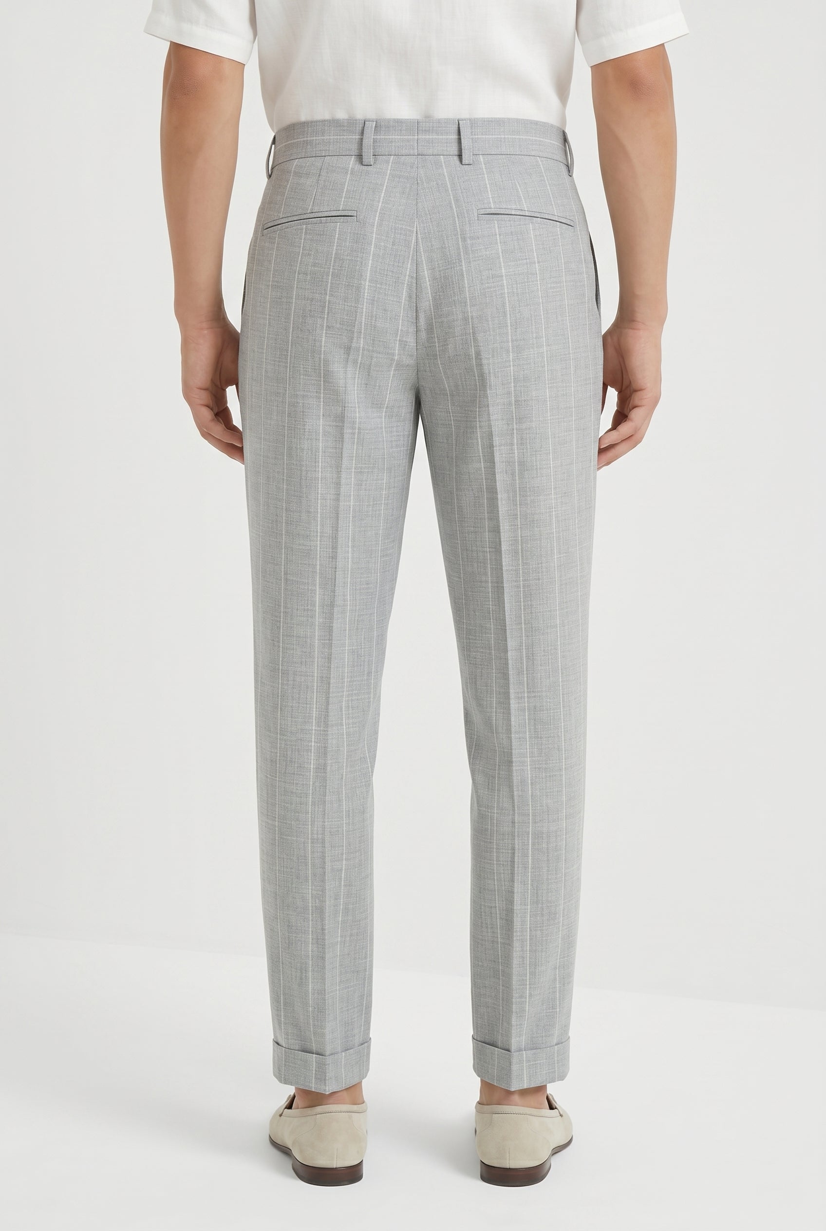 BRUNELLO CUCINELLI MEN'S LIGHT GREY WOOL PLEATED TROUSERS