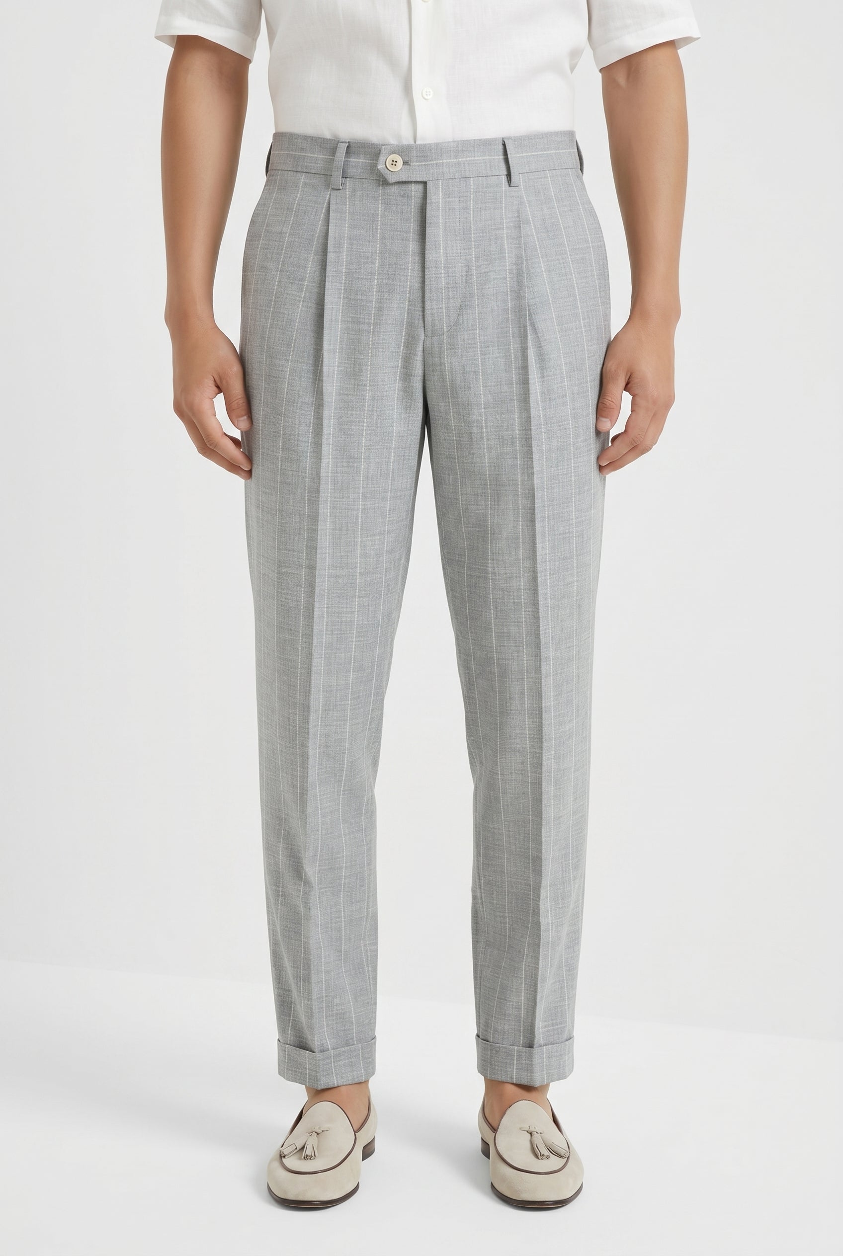 BRUNELLO CUCINELLI MEN'S LIGHT GREY WOOL PLEATED TROUSERS