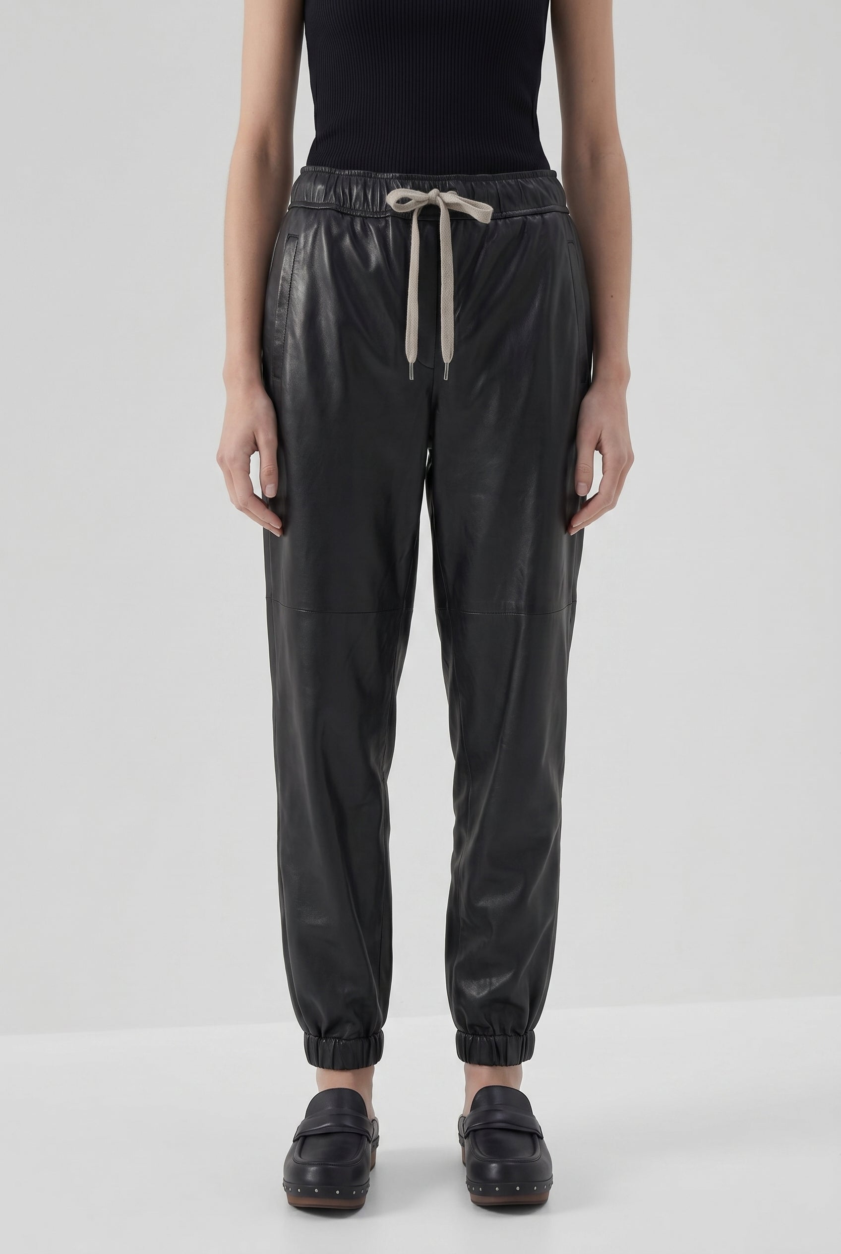 BRUNELLO CUCINELLI WOMEN'S BLACK LEATHER RELAXED TROUSERS