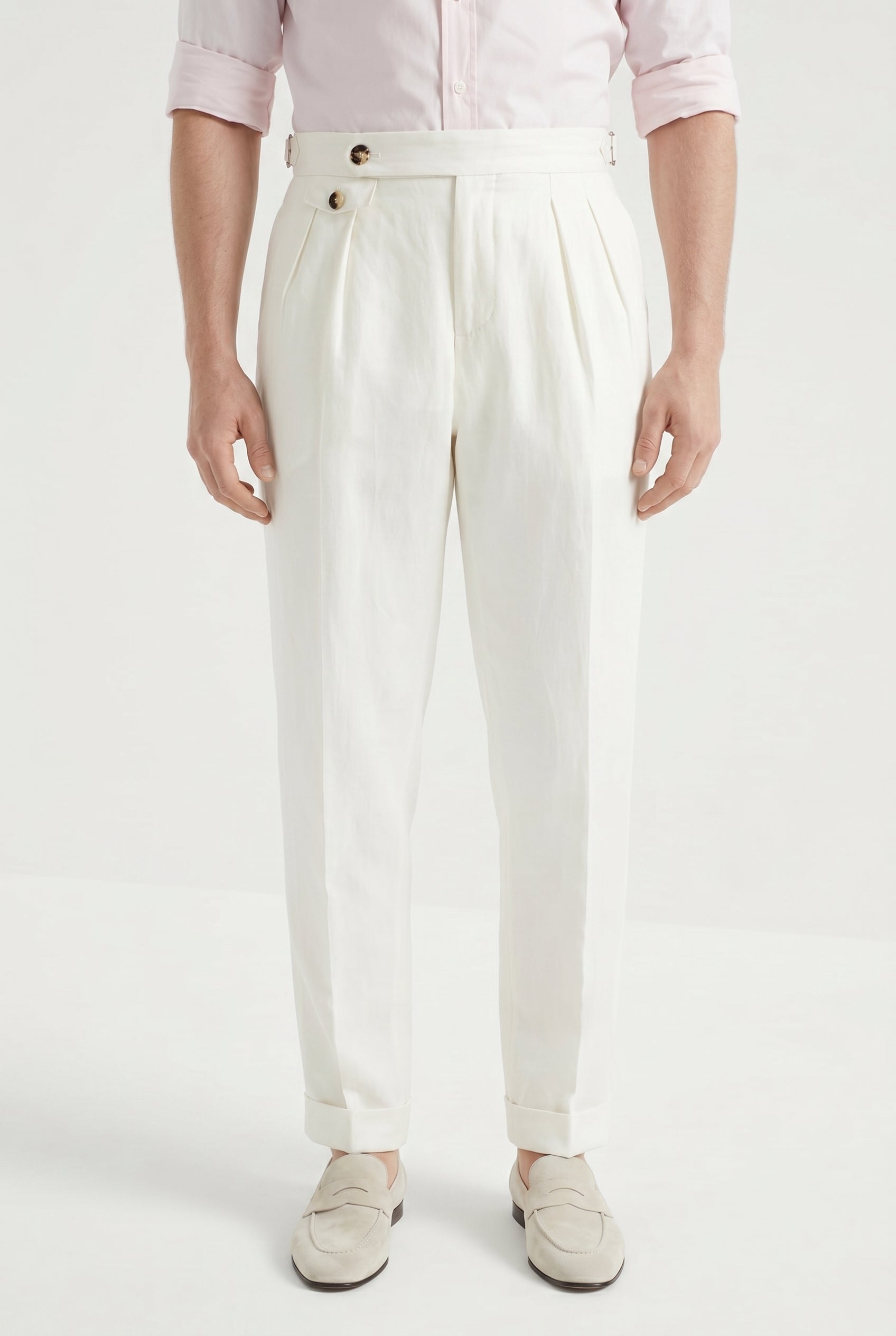 BRUNELLO CUCINELLI MEN'S OFF WHITE LINEN TAILORED TROUSERS
