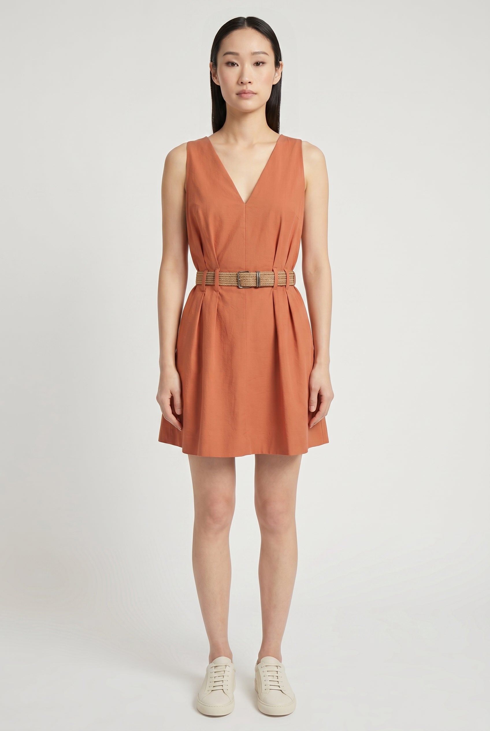BRUNELLO CUCINELLI WOMEN'S RUST SLEEVELESS BELTED DRESS