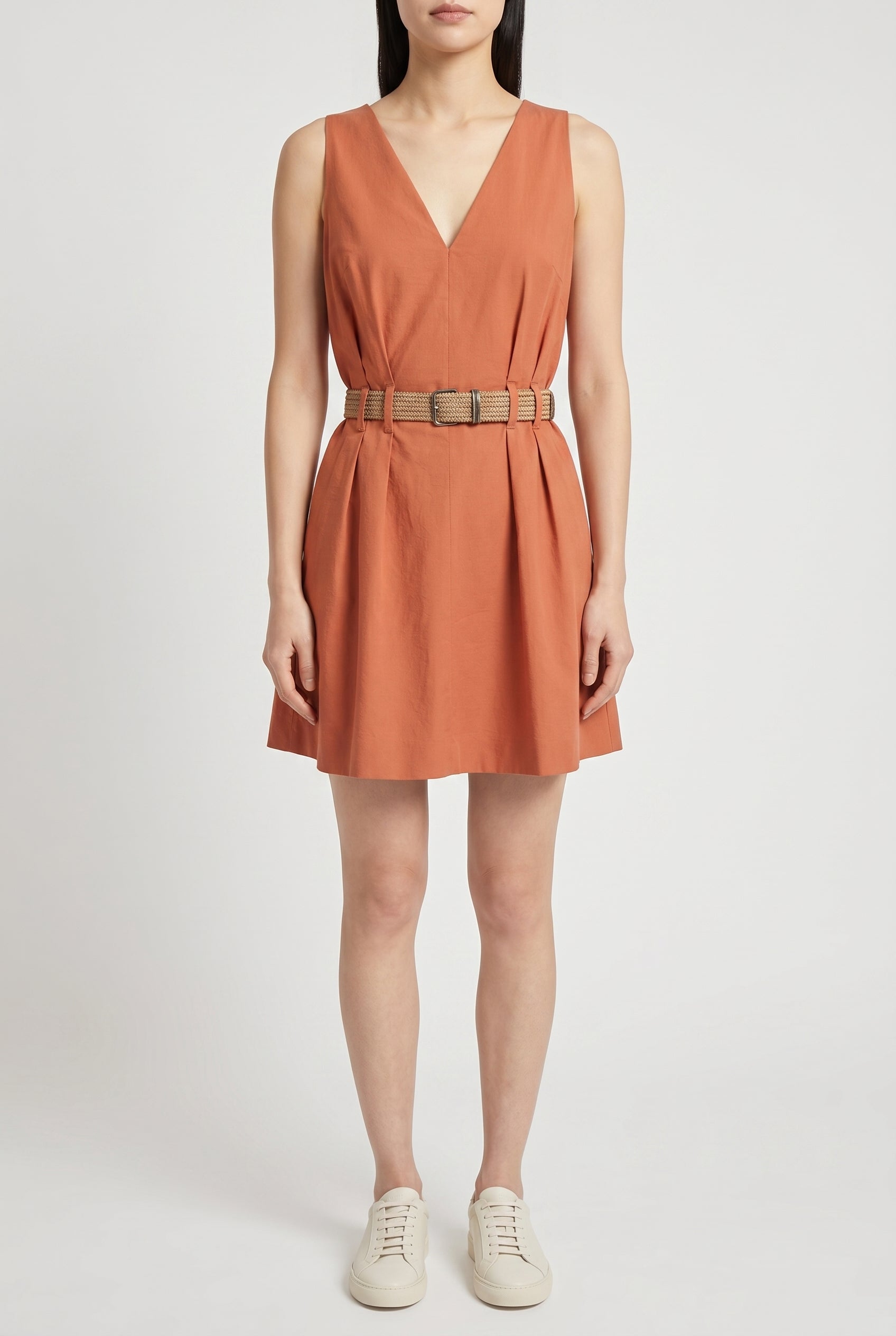 BRUNELLO CUCINELLI WOMEN'S RUST SLEEVELESS BELTED DRESS