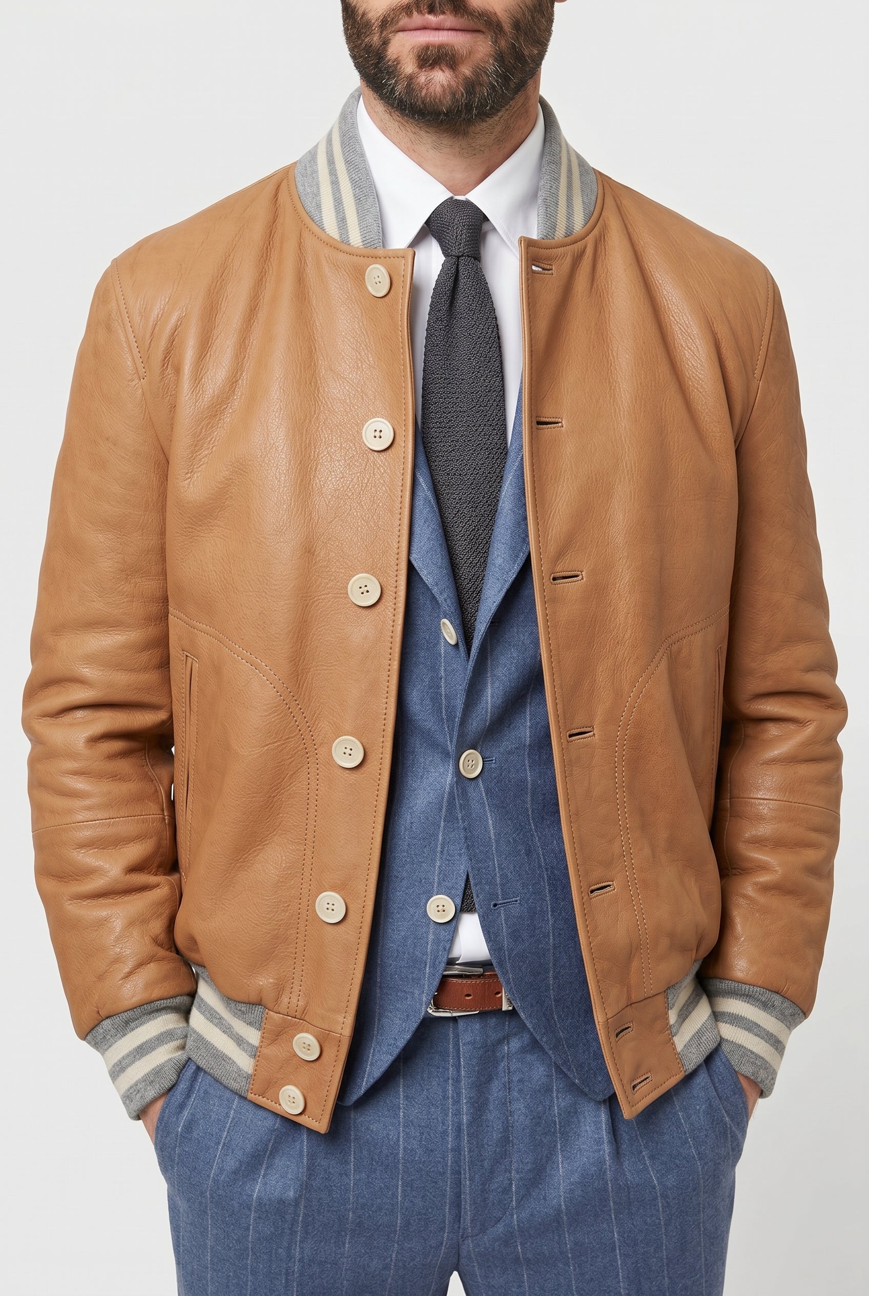 BRUNELLO CUCINELLI MEN'S BROWN LEATHER BOMBER JACKET