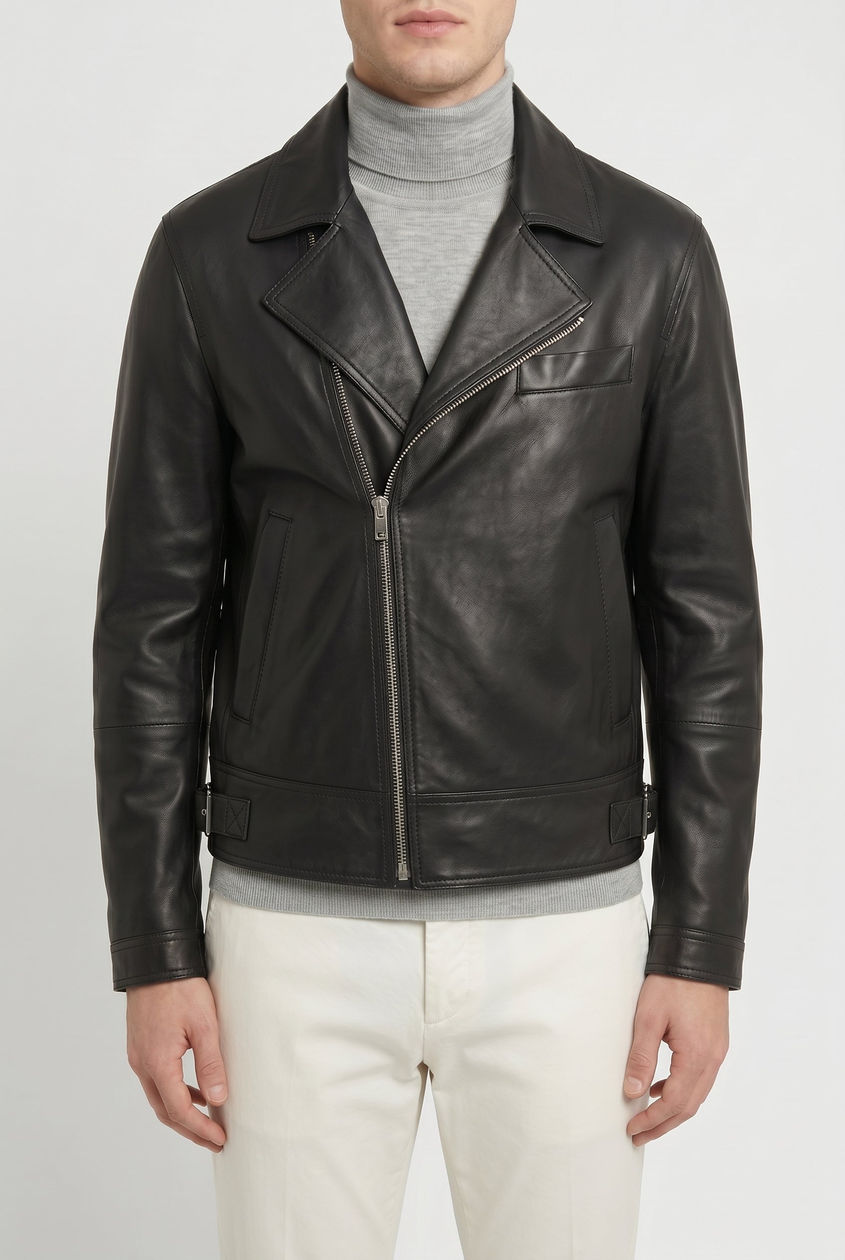 BRUNELLO CUCINELLI MEN'S BLACK LEATHER BIKER JACKET