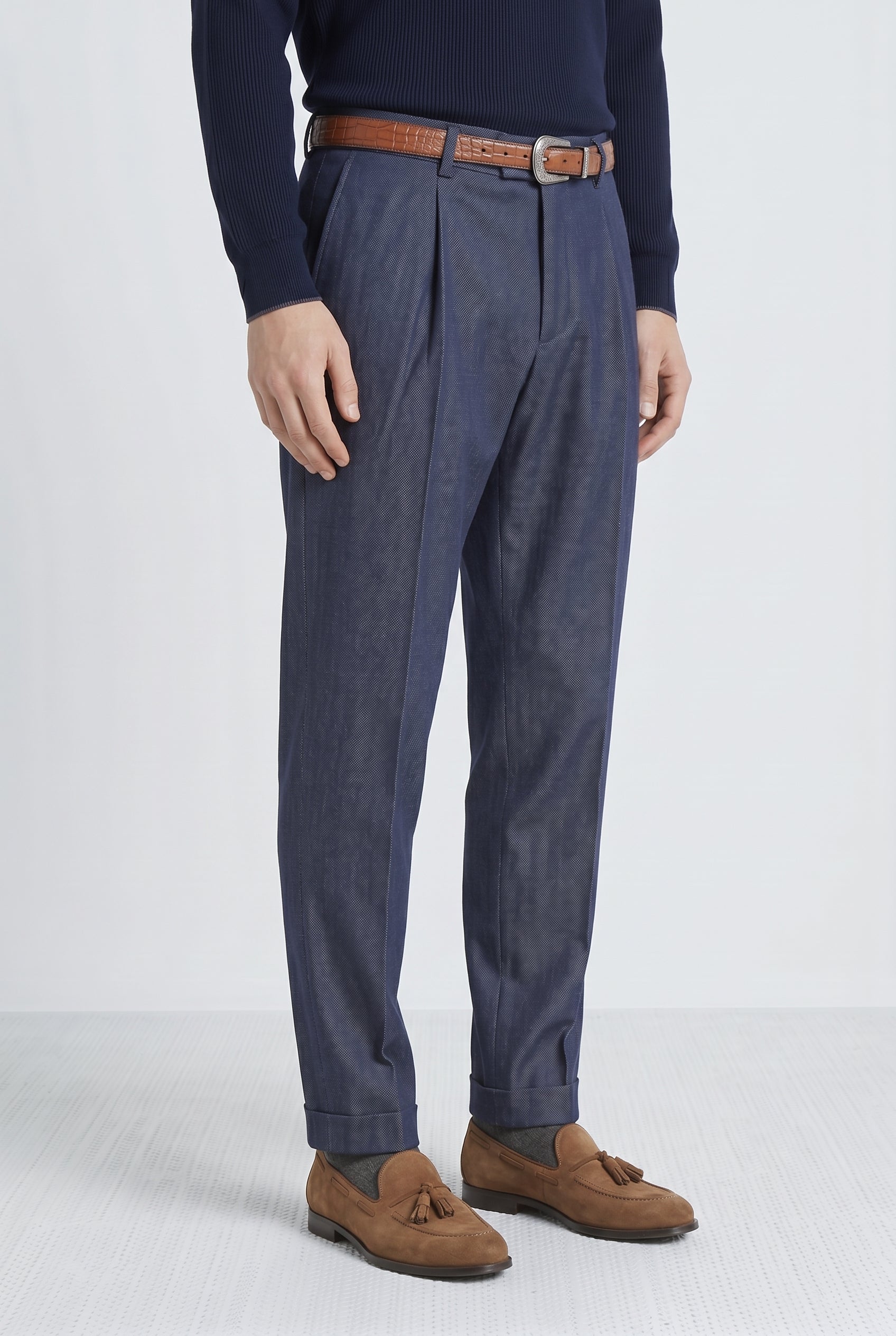 BRUNELLO CUCINELLI MEN'S DARK BLUE WOOL BLEND TROUSERS