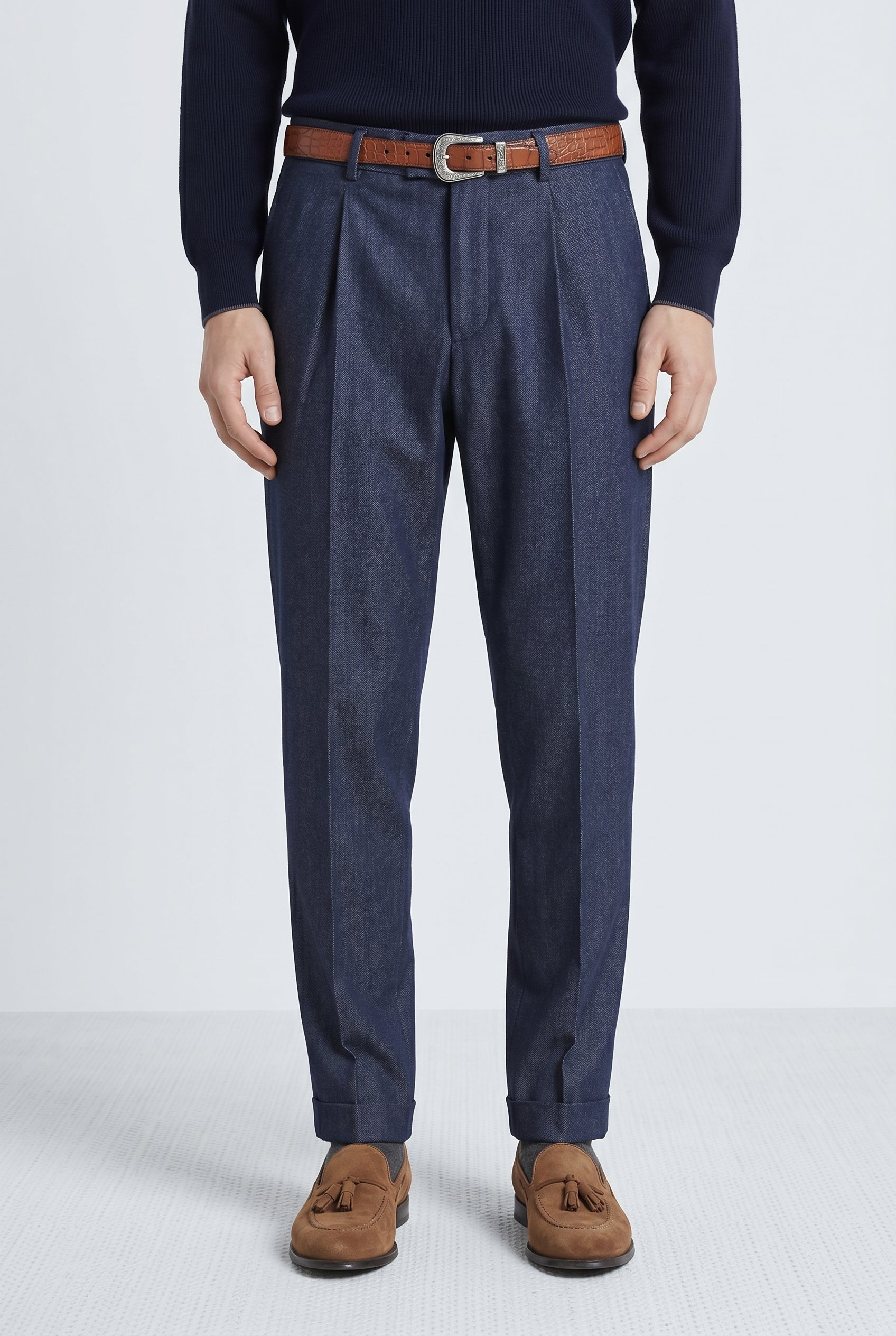 BRUNELLO CUCINELLI MEN'S DARK BLUE WOOL BLEND TROUSERS
