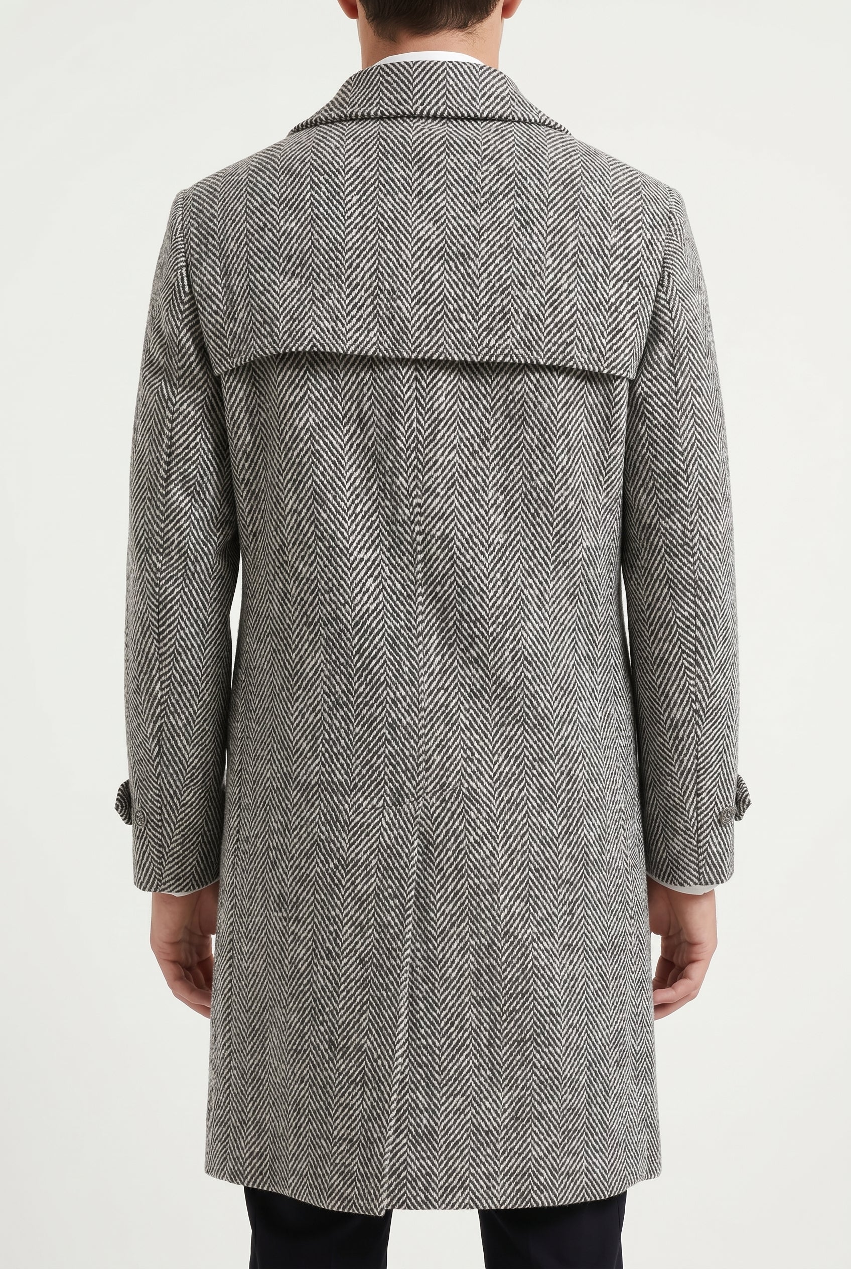 BRUNELLO CUCINELLI MEN'S BLACK WHITE WOOL HERRINGBONE COAT