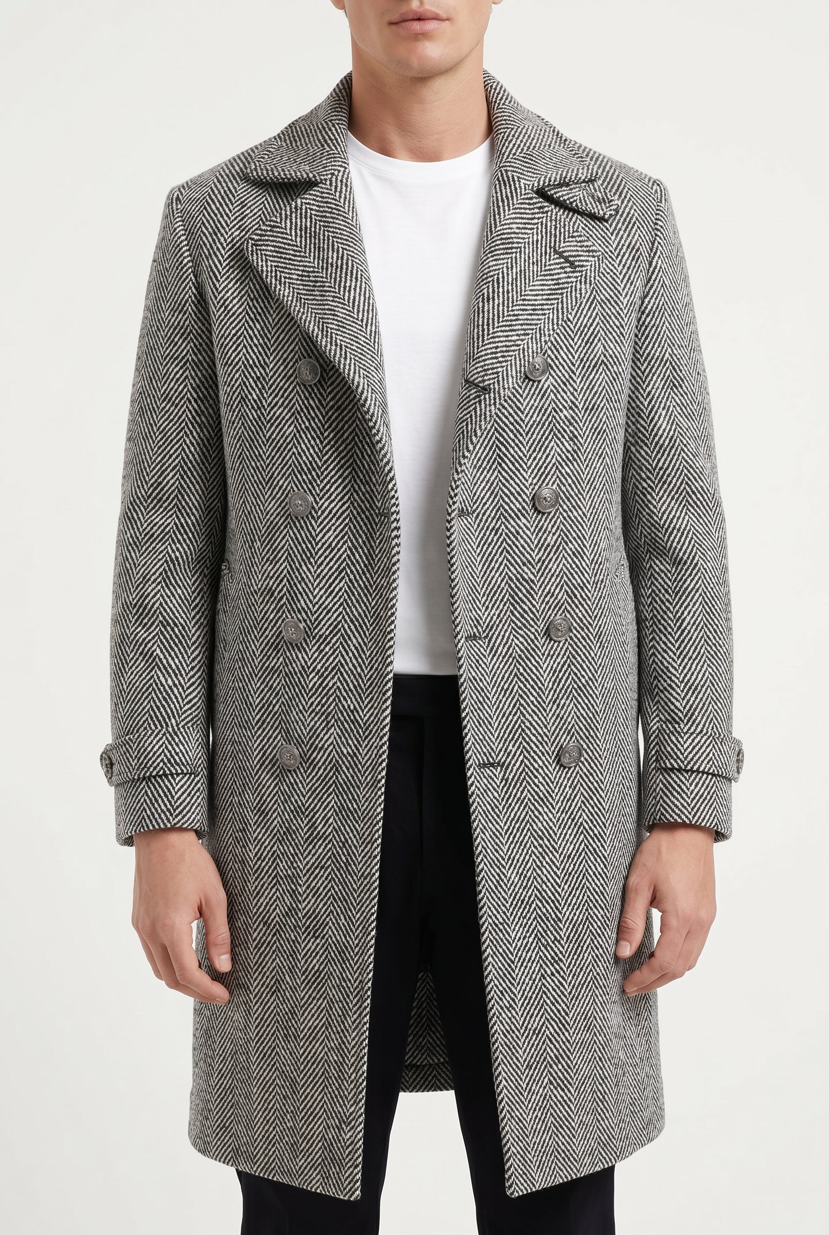 BRUNELLO CUCINELLI MEN'S BLACK WHITE WOOL HERRINGBONE COAT