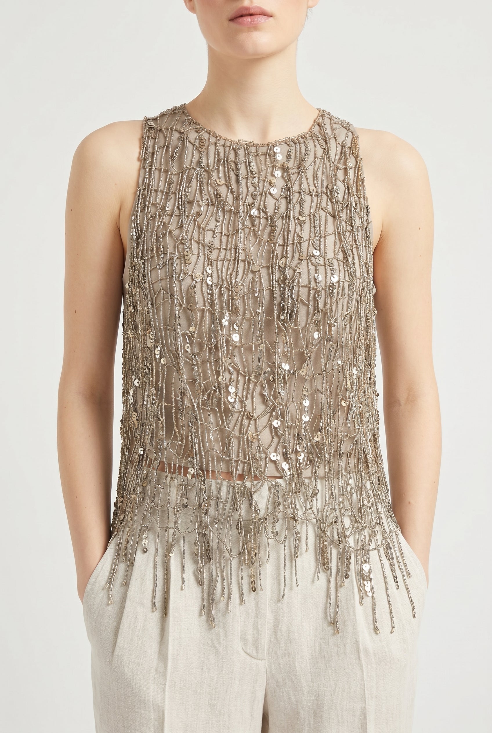 BRUNELLO CUCINELLI WOMEN'S GOLD SLEEVELESS EMBELLISHED TOP