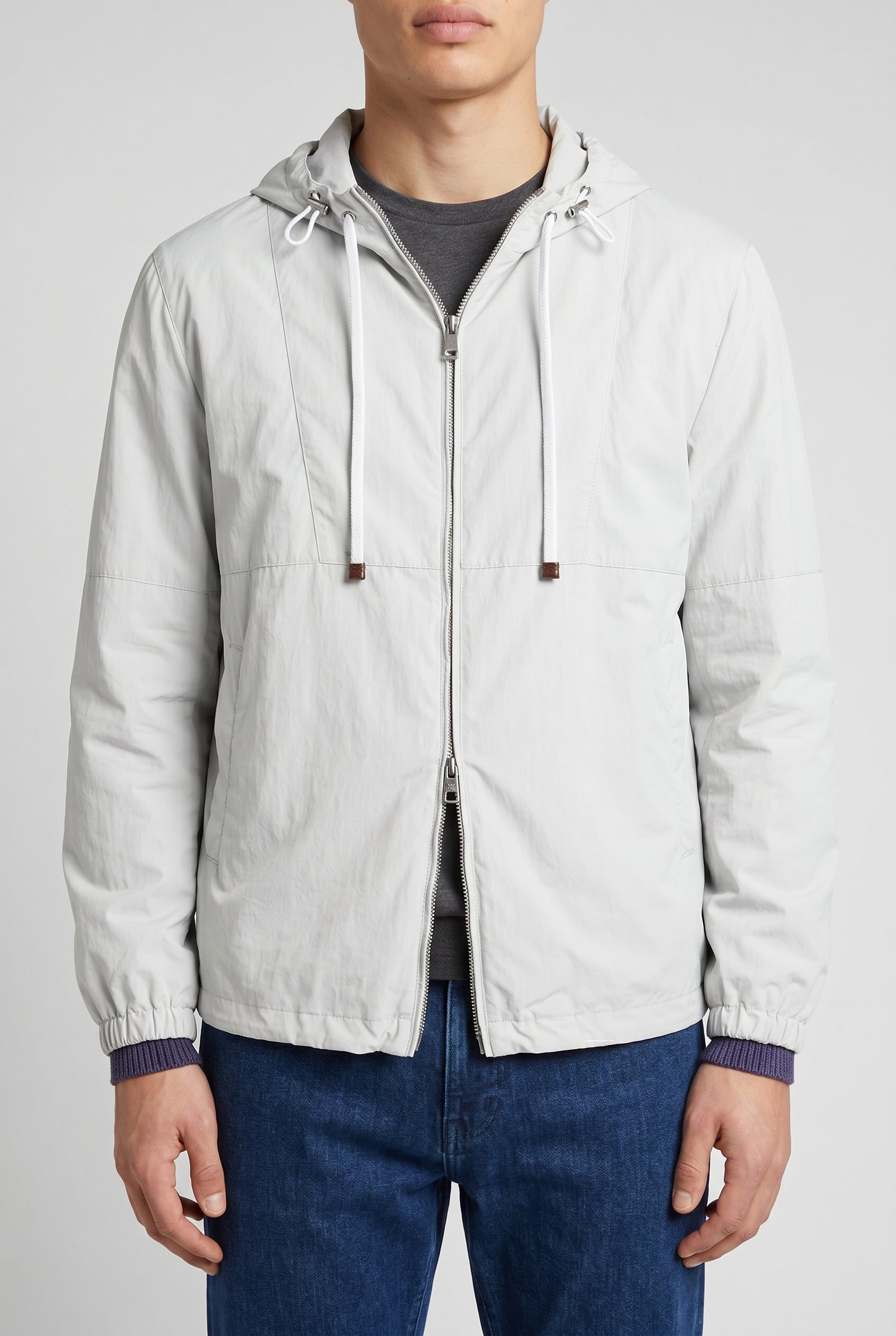 BRUNELLO CUCINELLI MEN'S LIGHT GREY HOODED JACKET