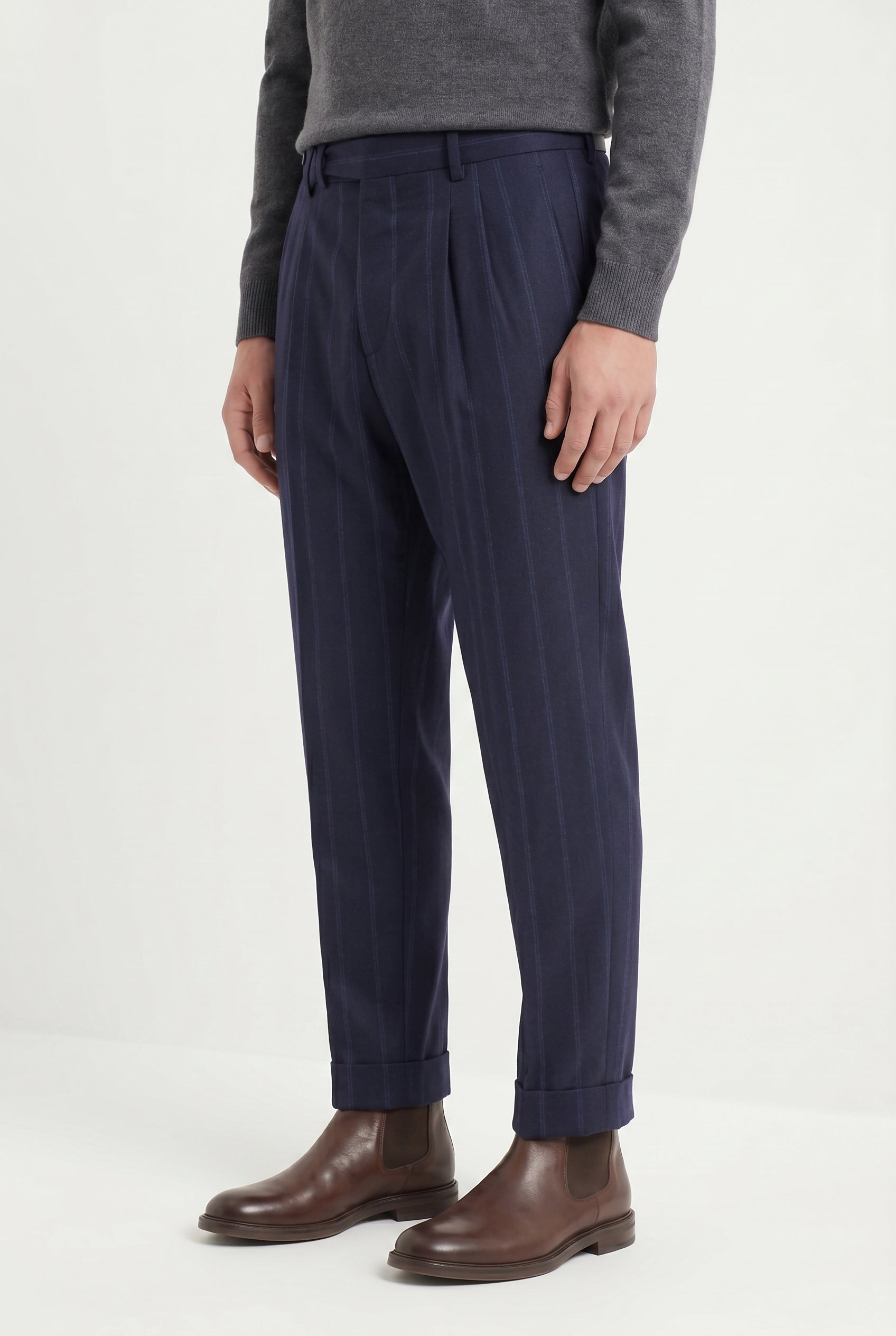 BRUNELLO CUCINELLI MEN'S NAVY WOOL TAILORED TROUSERS